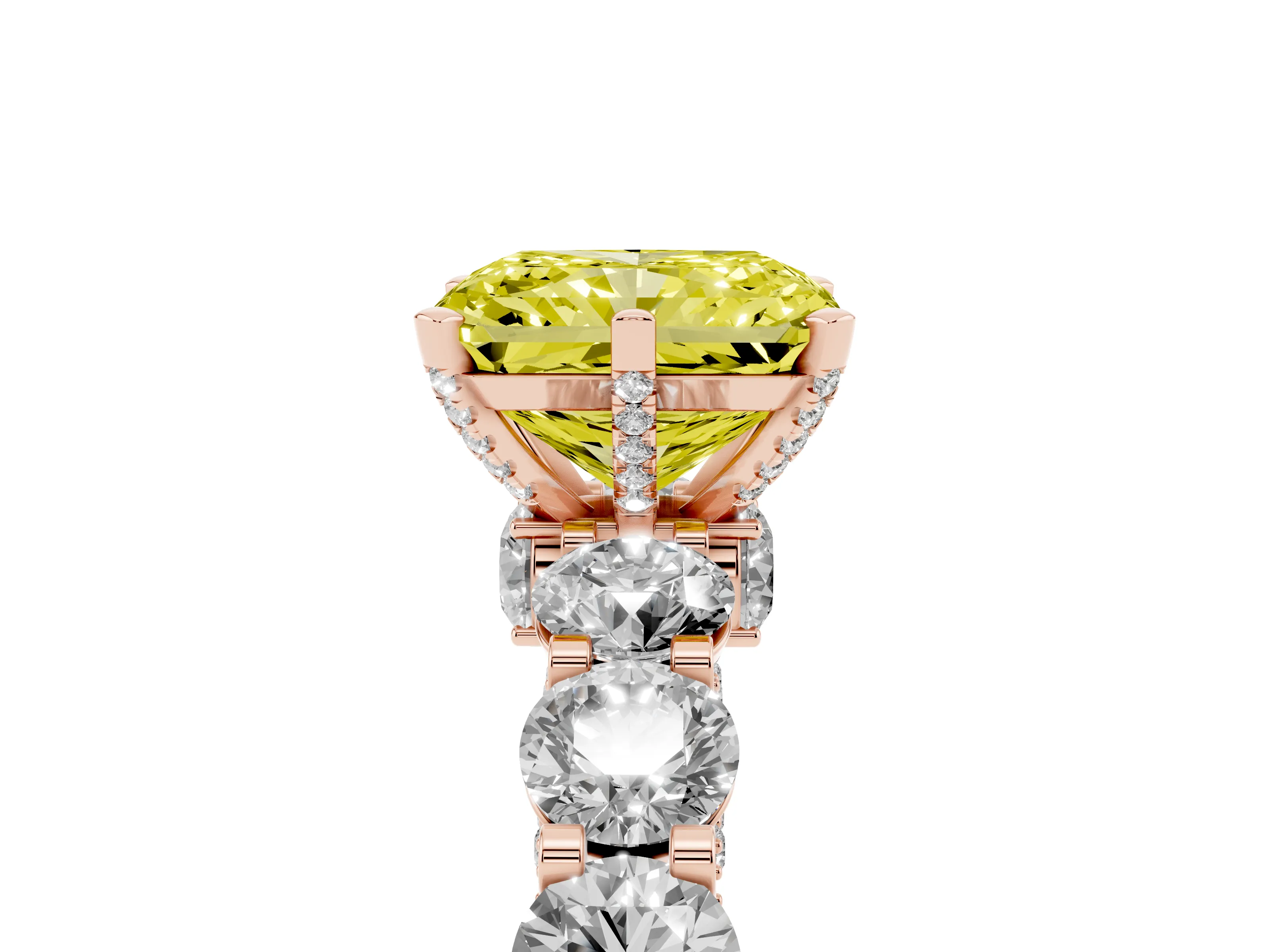 Fancy Yellow Radiant Cut Diamond Side Stone Ring Set in Rose gold with Alternating Round and Oval Side Stones