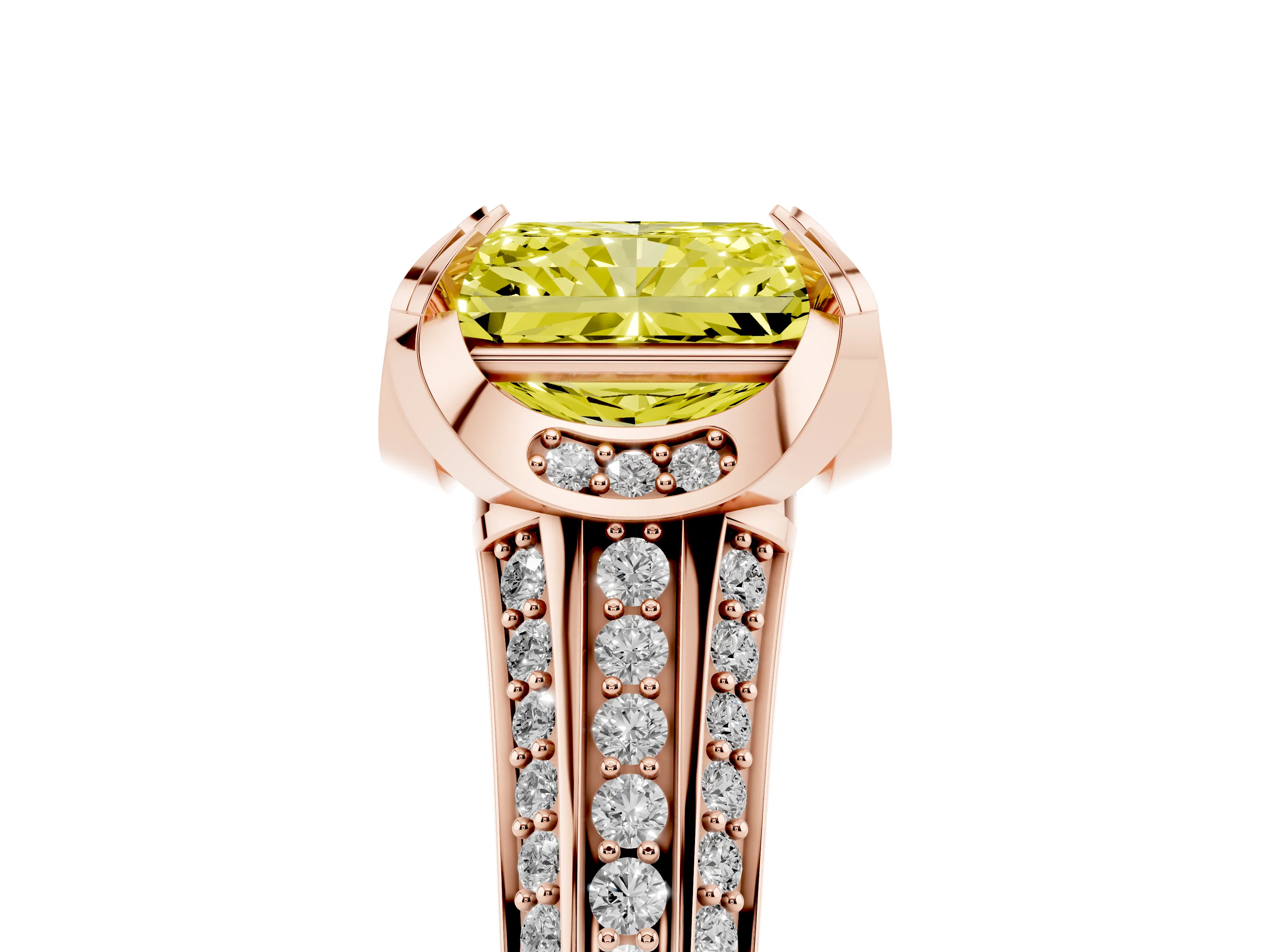 Fancy Yellow Radiant Cut Diamond Pavé Split Shank Solitaire Ring Set in Rose gold with Prong Setting