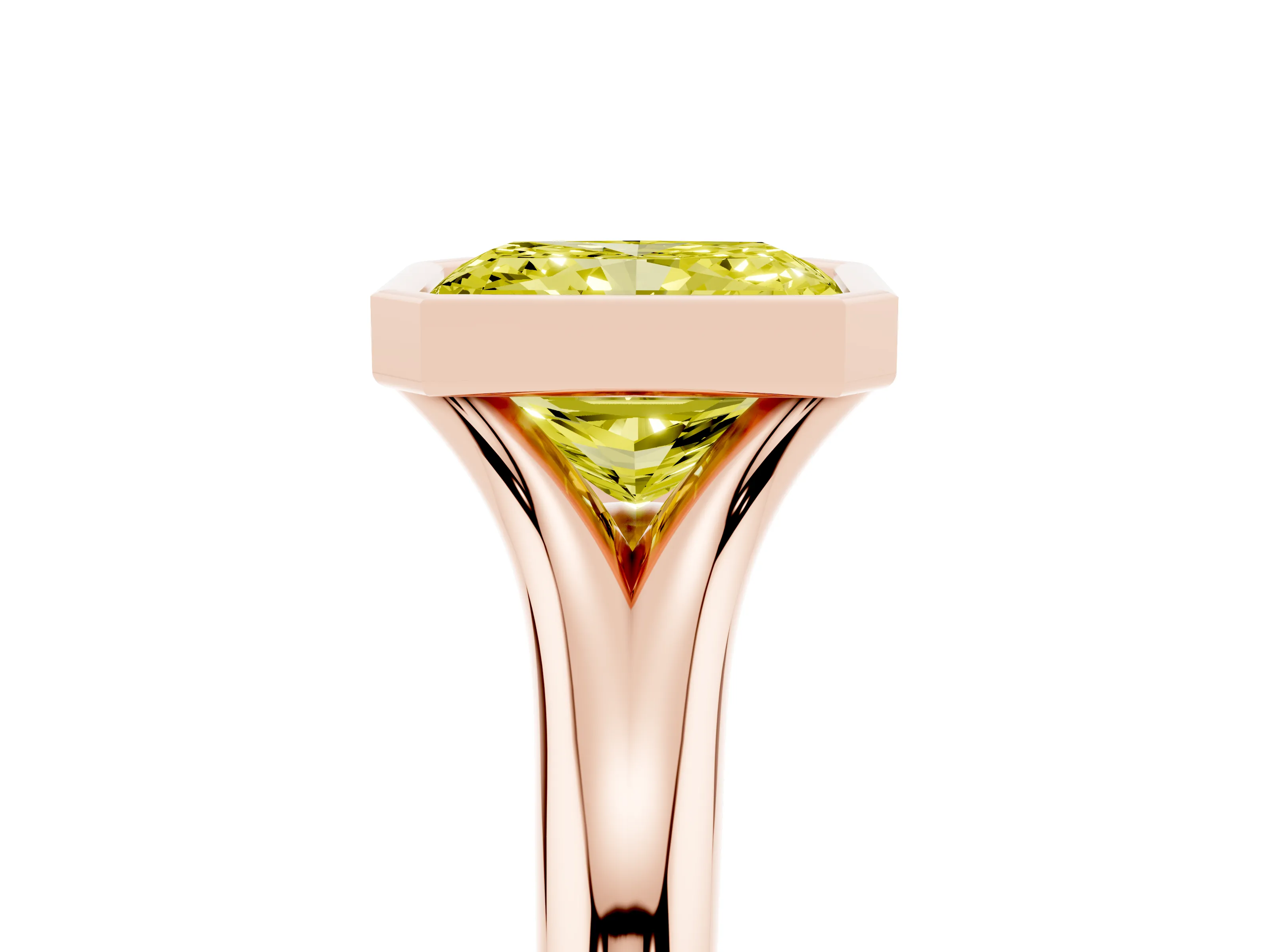 Fancy Yellow Bezel Set Radiant Cut Diamond Solitaire Ring Set in Rose gold with Smooth Band