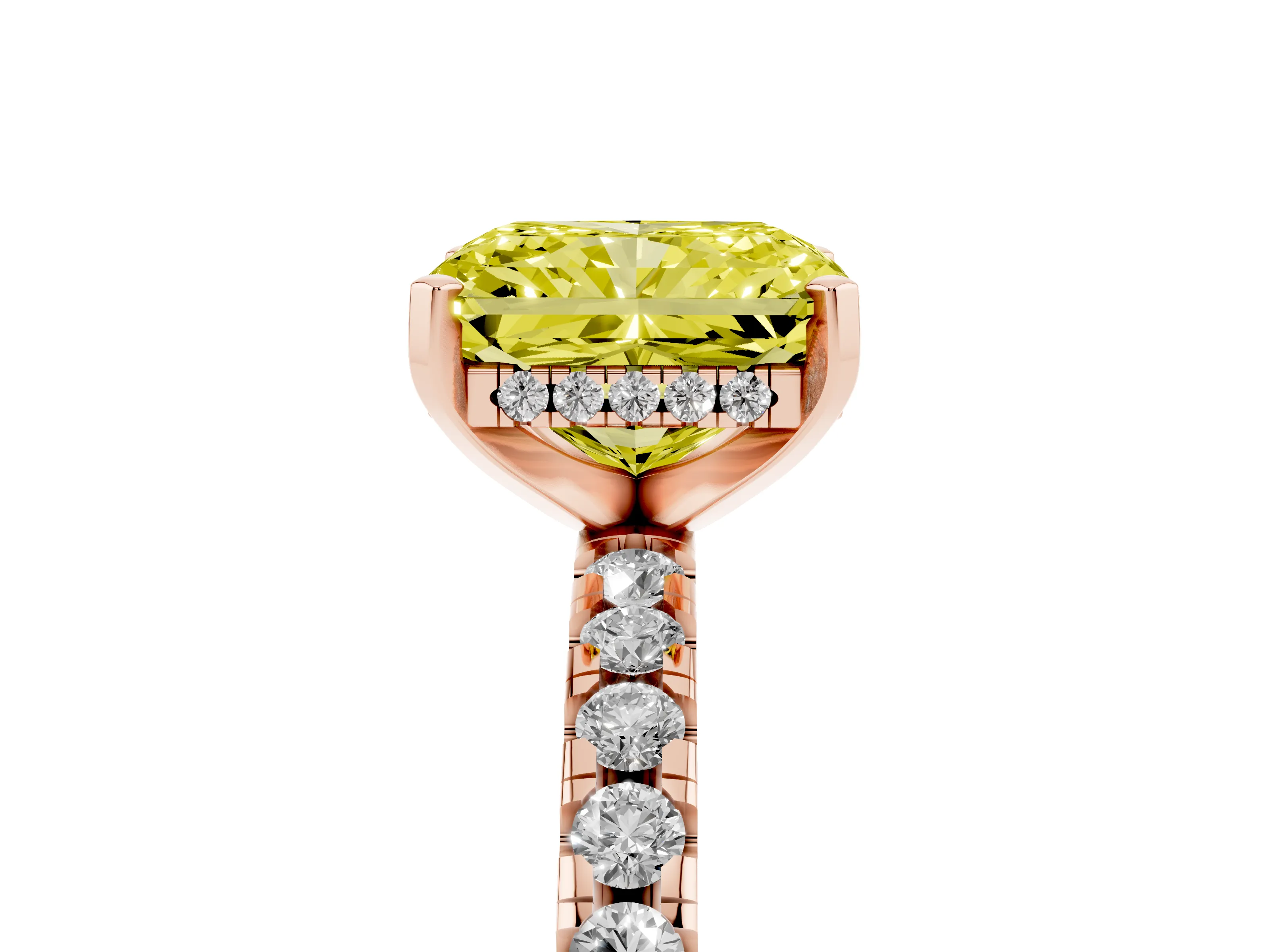 Fancy Yellow Radiant Cut Diamond Pavé Solitaire Ring Set in Rose gold with Round Band Accents and Prong Setting