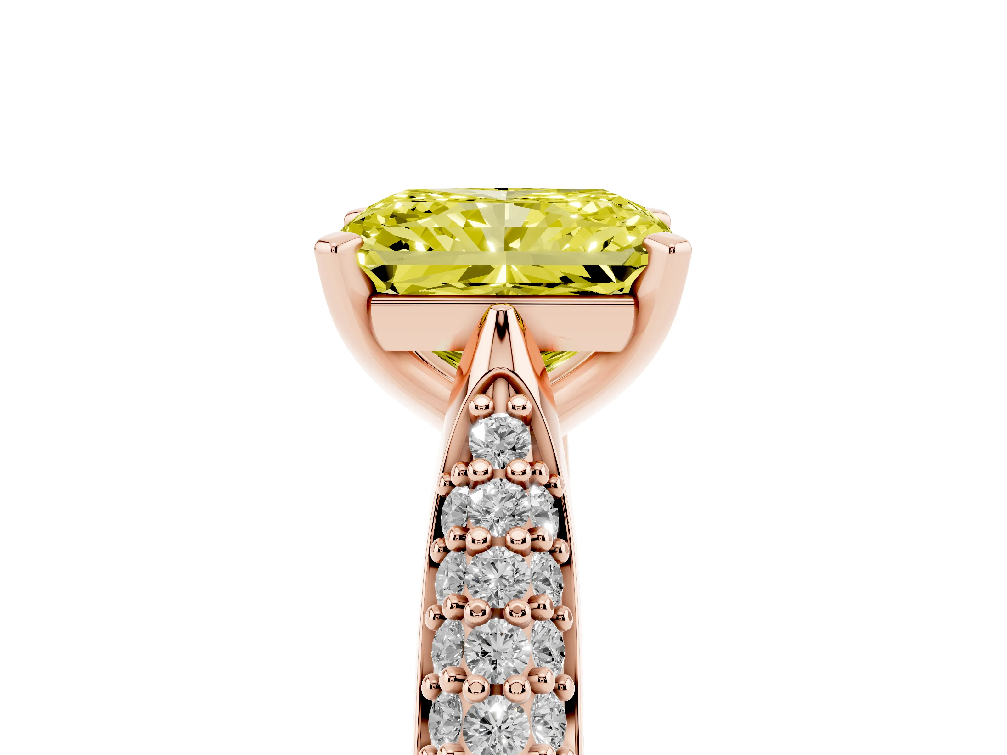 Fancy Yellow Radiant Cut Diamond Solitaire Engagement Ring Set in Rose gold with Multi-Row Round Pavé Band and Prong Setting
