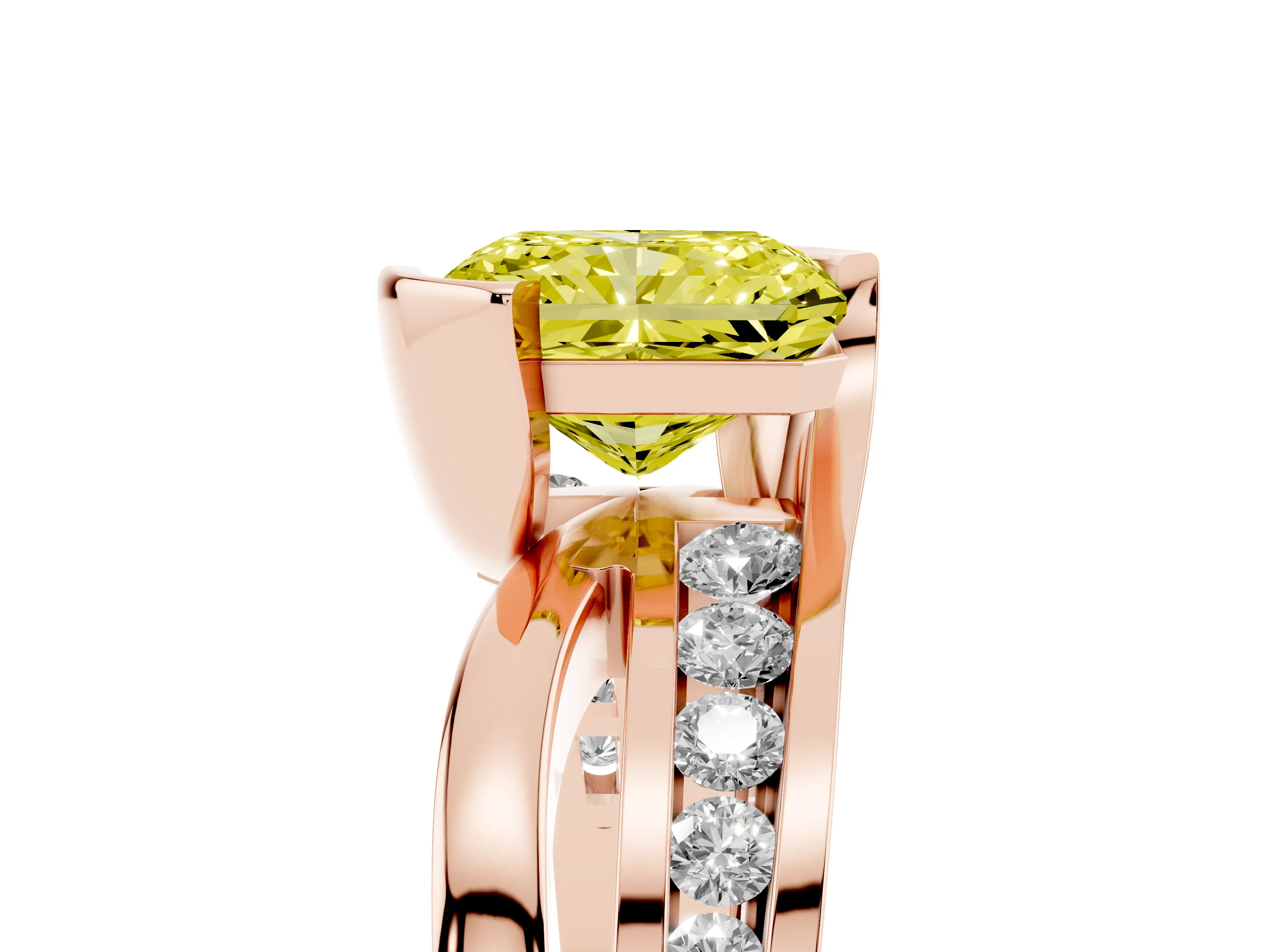 Fancy Yellow Radiant Cut Diamond Solitaire Ring Set in Rose gold with Channel Set Split Shank and Tension Prongs