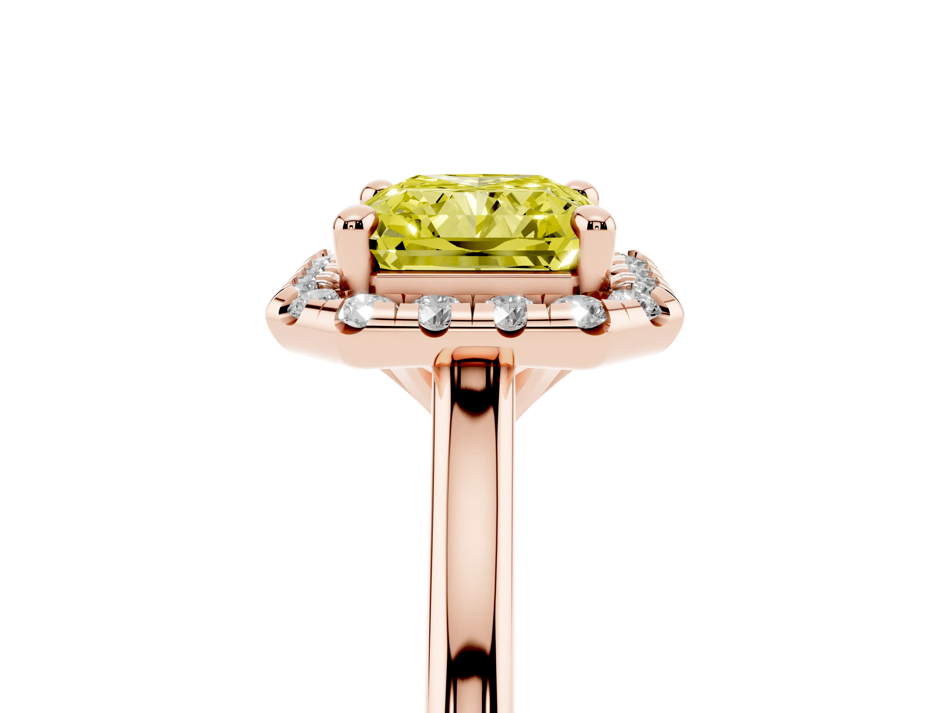 Fancy Yellow Radiant Cut Diamond Halo Engagement Ring Set in Rose gold with Pavé Band and Rising Shoulders