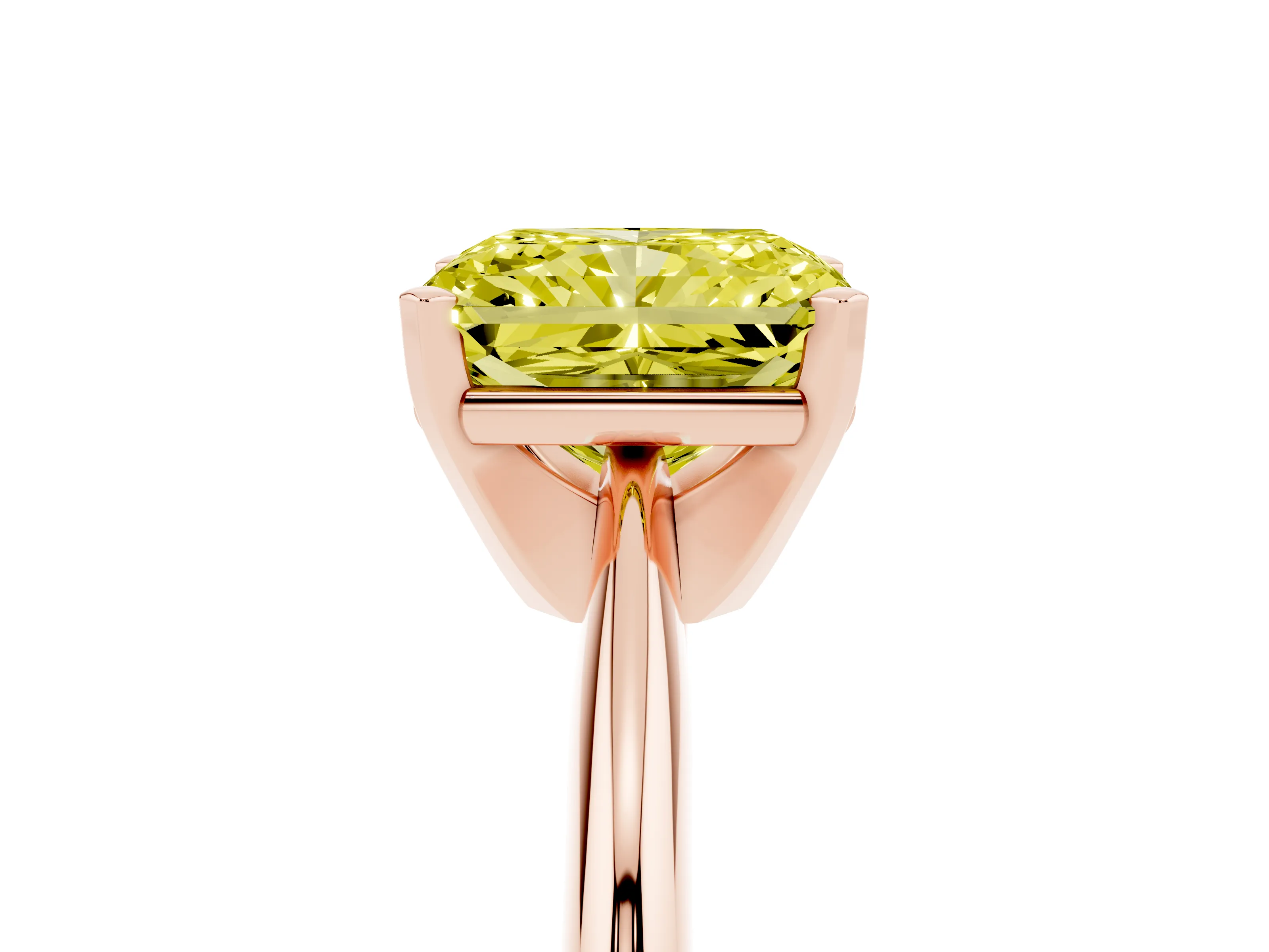 Fancy Yellow Radiant Cut Diamond Solitaire Ring Set in Rose gold with Prong Setting on a Plain Round Band