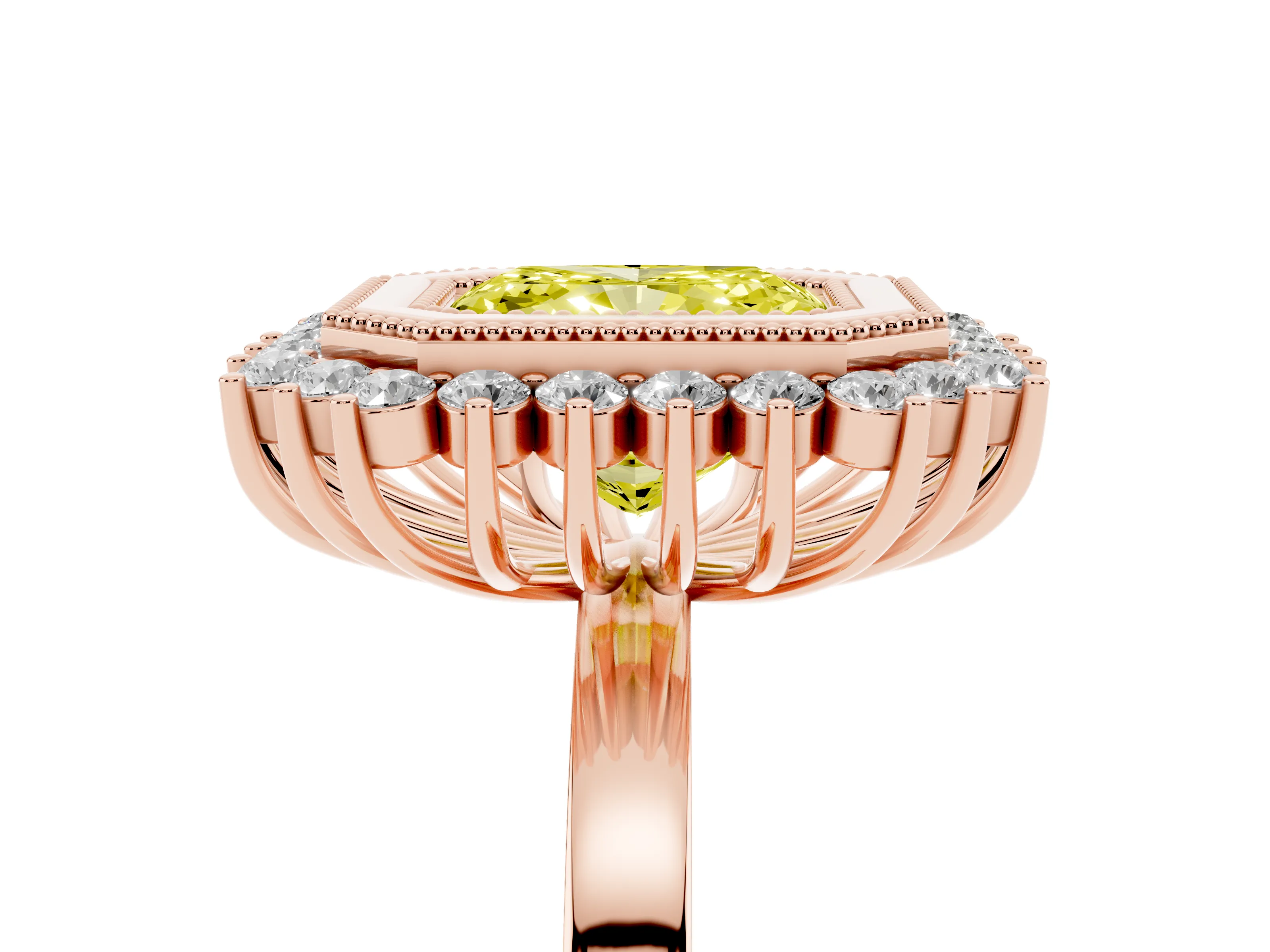 Fancy Yellow Radiant Cut Diamond Halo Ring Set in Rose gold with Milgrain Edge and Round Prong Setting