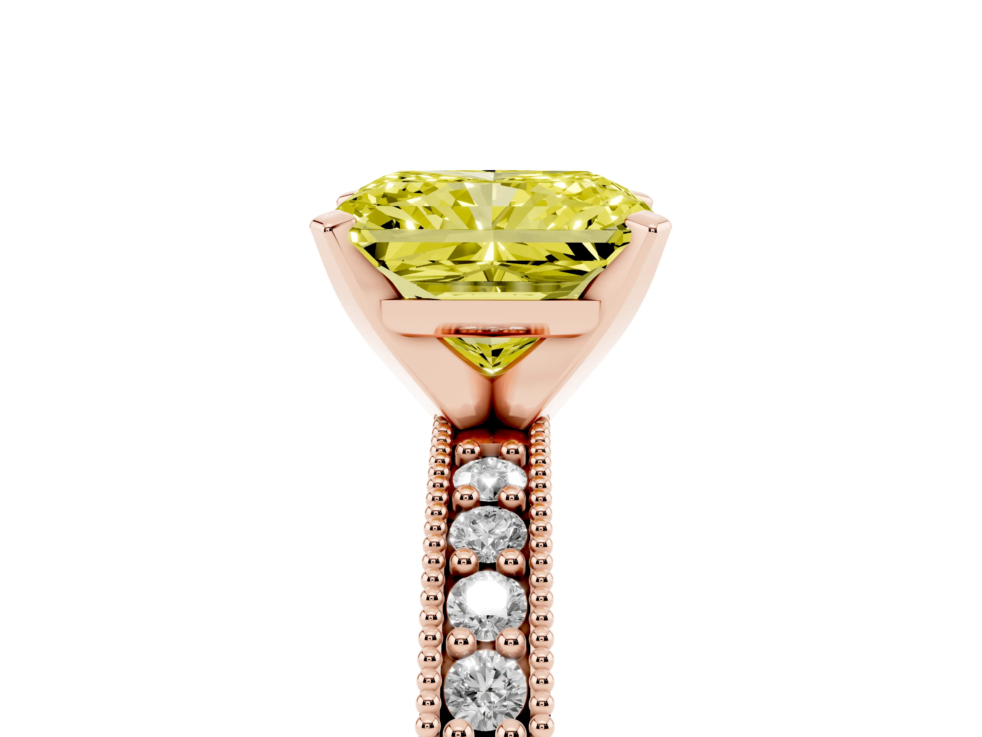 Fancy Yellow Radiant Cut Diamond Milgrain Pavé Engagement Ring Set in Rose gold with Prong Setting