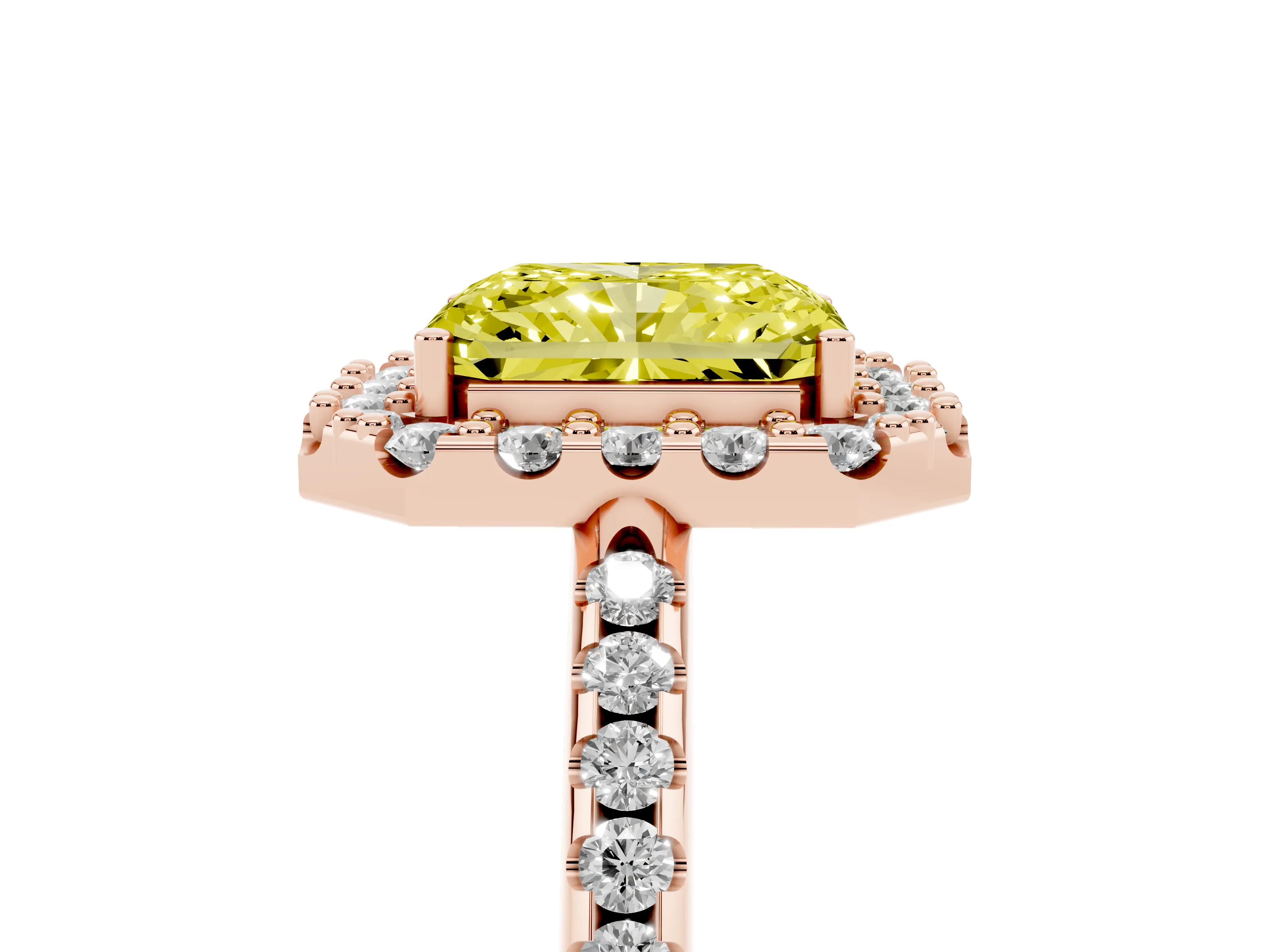 Fancy Yellow Radiant Cut Diamond Pavé Halo Ring Set in Rose gold with Prong Setting