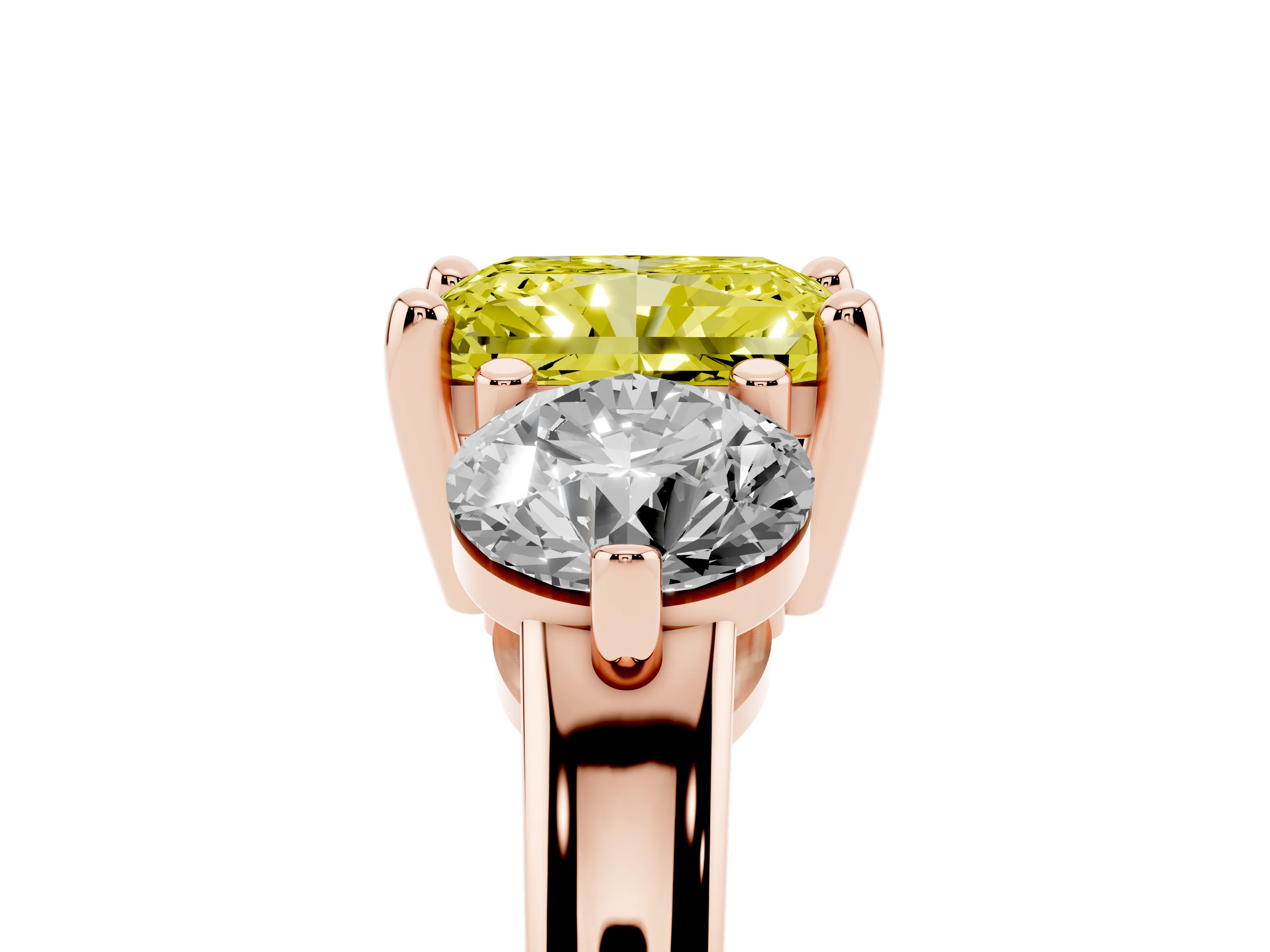 Fancy Yellow Radiant Cut Diamond Three-Stone Ring Set in Rose gold with Prong Setting and Classic Band