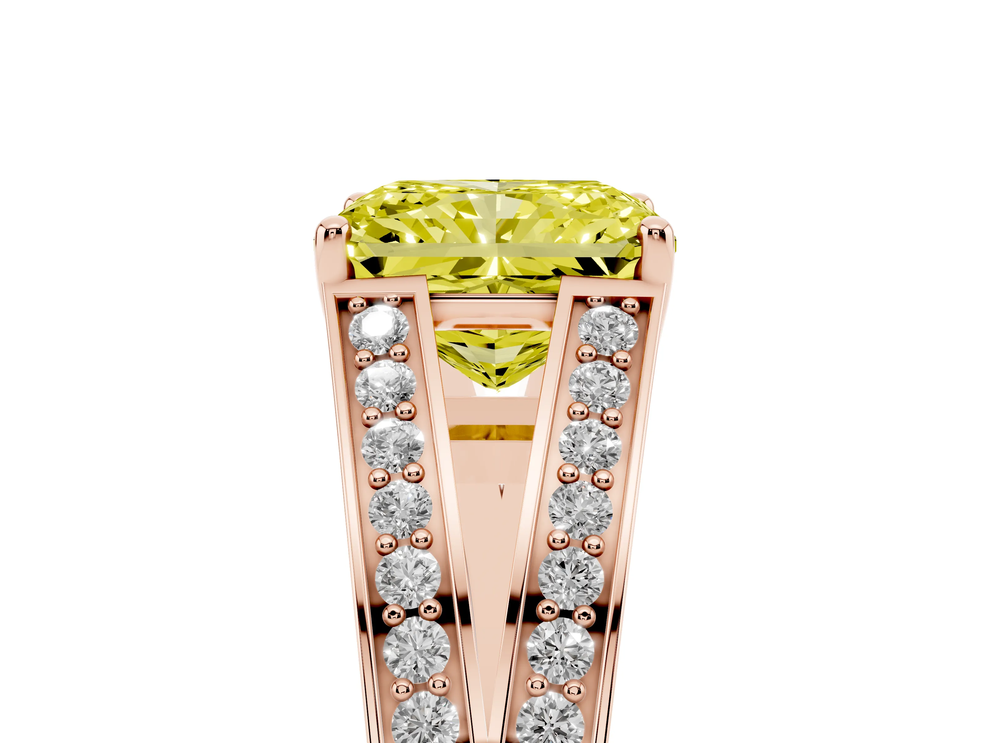 Fancy Yellow Radiant Cut Diamond Split Shank Ring Set in Rose gold with Pavé Band and Prong Setting