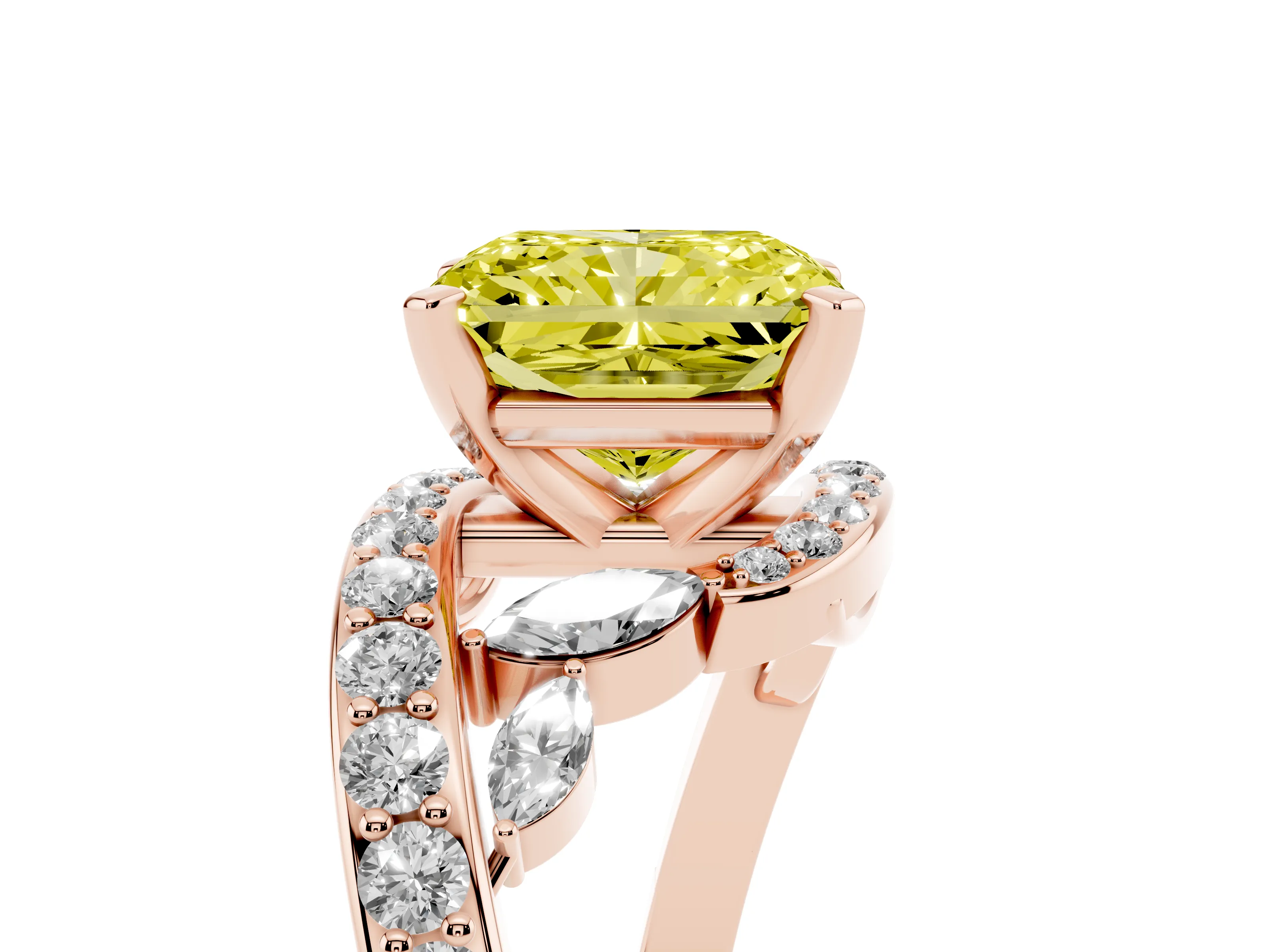 Fancy Yellow Radiant Cut Diamond Solitaire Ring Set in Rose gold with Pavé Twist Band and Secure Prong Setting