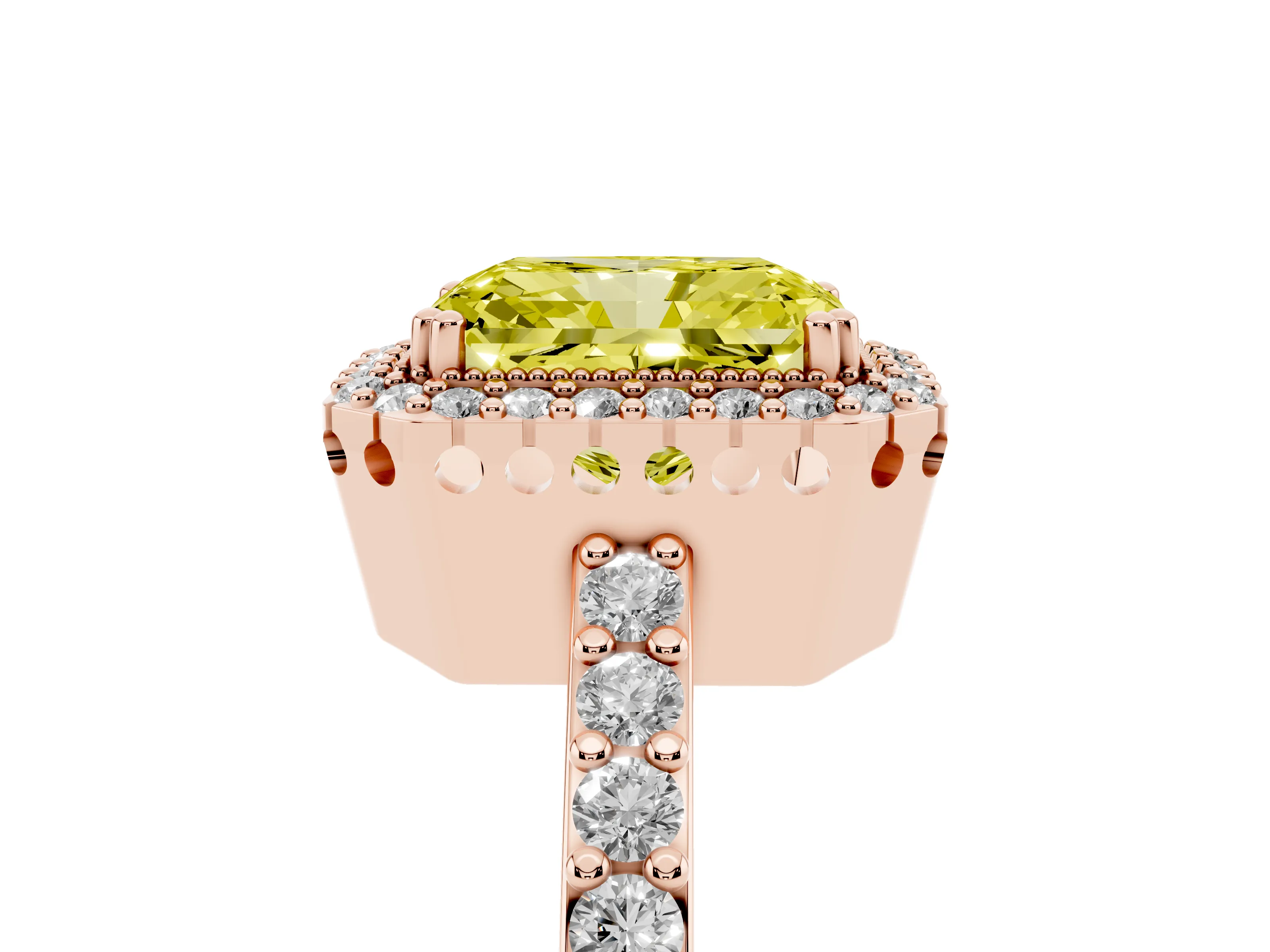 Fancy Yellow Radiant Cut Diamond Halo Engagement Ring Set in Rose gold with Milgrain Detail and Pavé Band