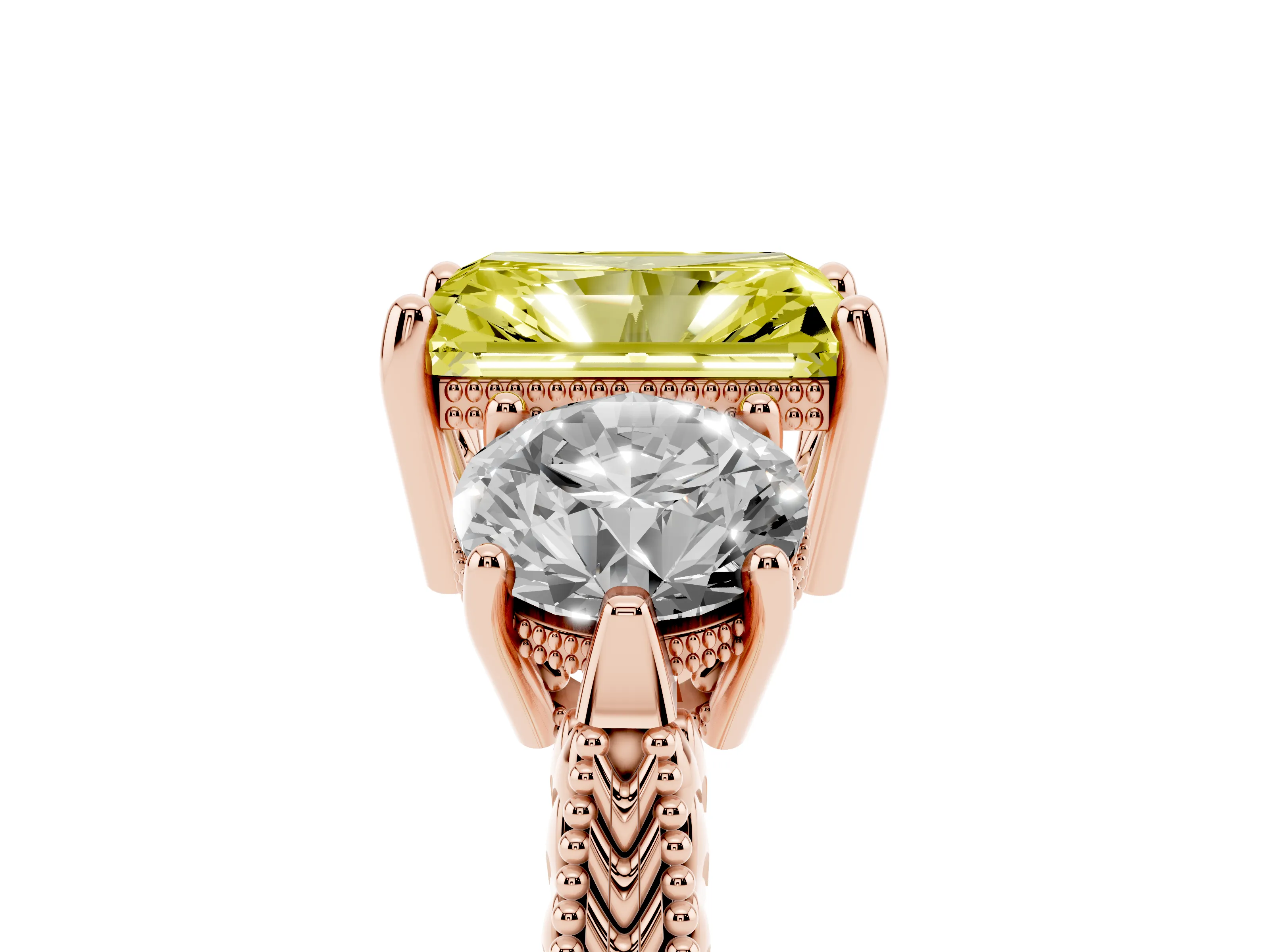 Fancy Yellow Radiant Cut Diamond Three-Stone Ring Set in Rose gold with Milgrain Band