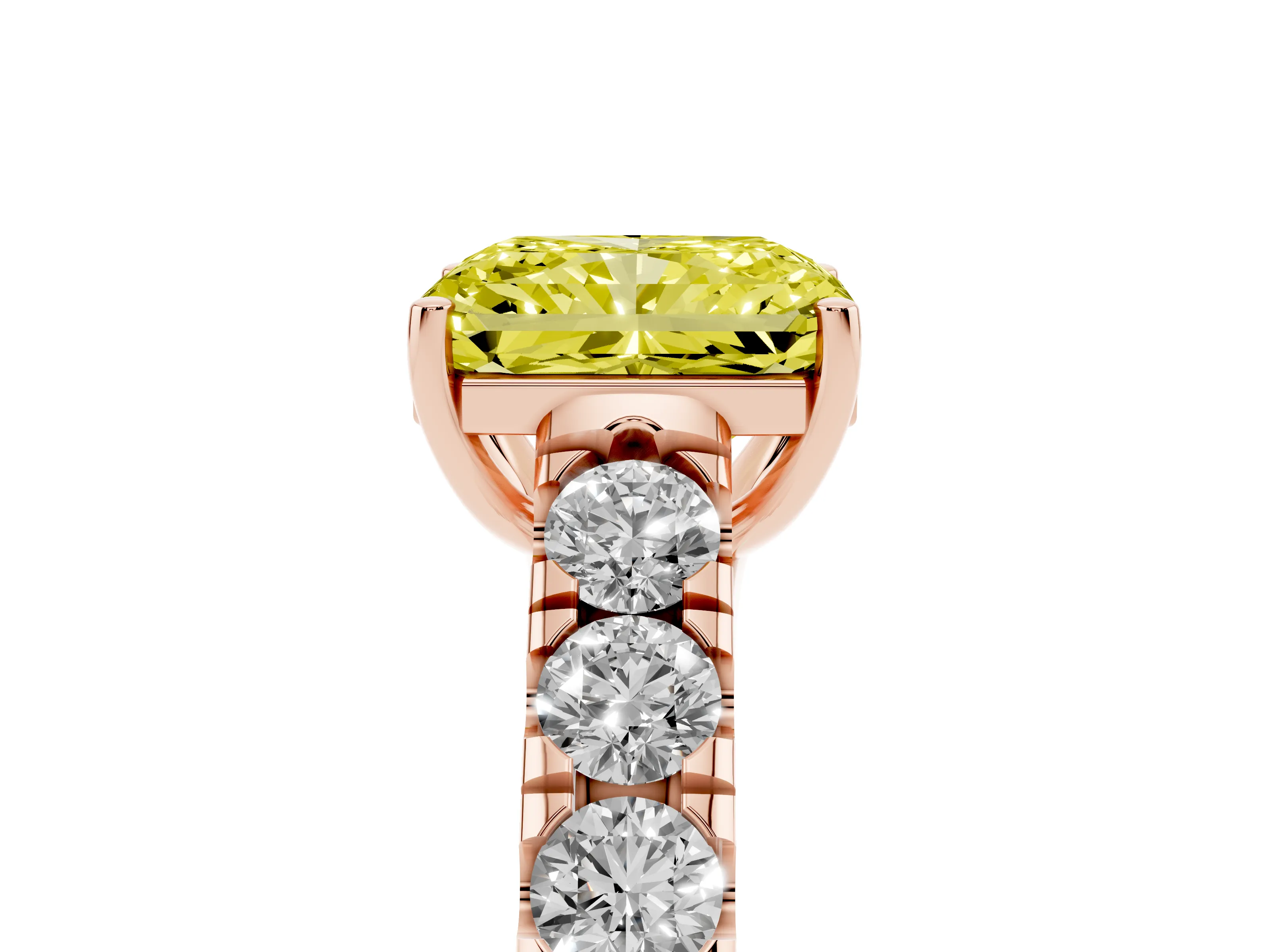 Fancy Yellow Radiant Cut Diamond Solitaire Ring Set in Rose gold with Cut-Down Micro Pavé Band and Prong Setting