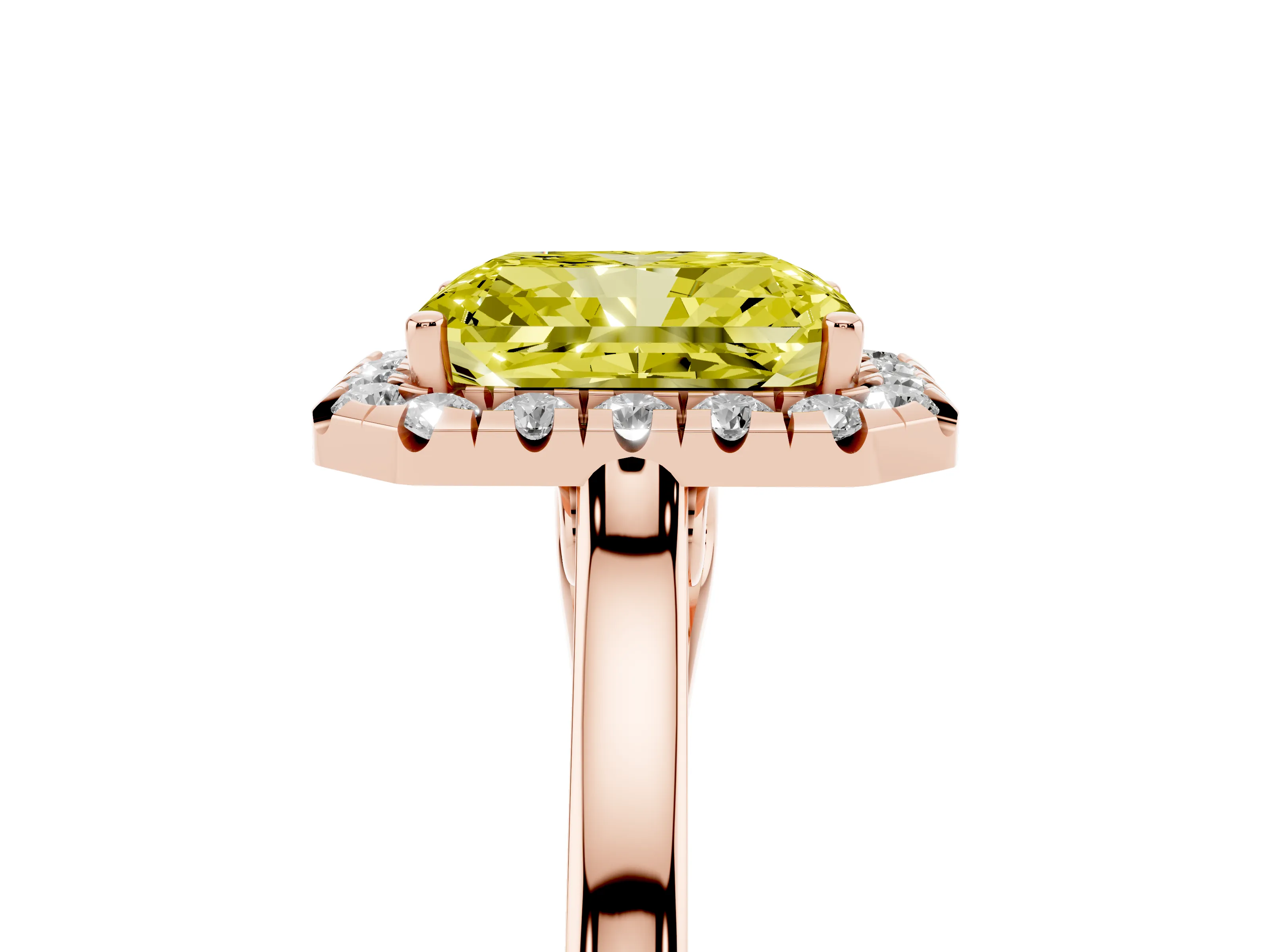 Fancy Yellow Radiant Cut Halo Round Diamond Solitaire Ring Set in Rose gold with Pavé Band and Prong Setting