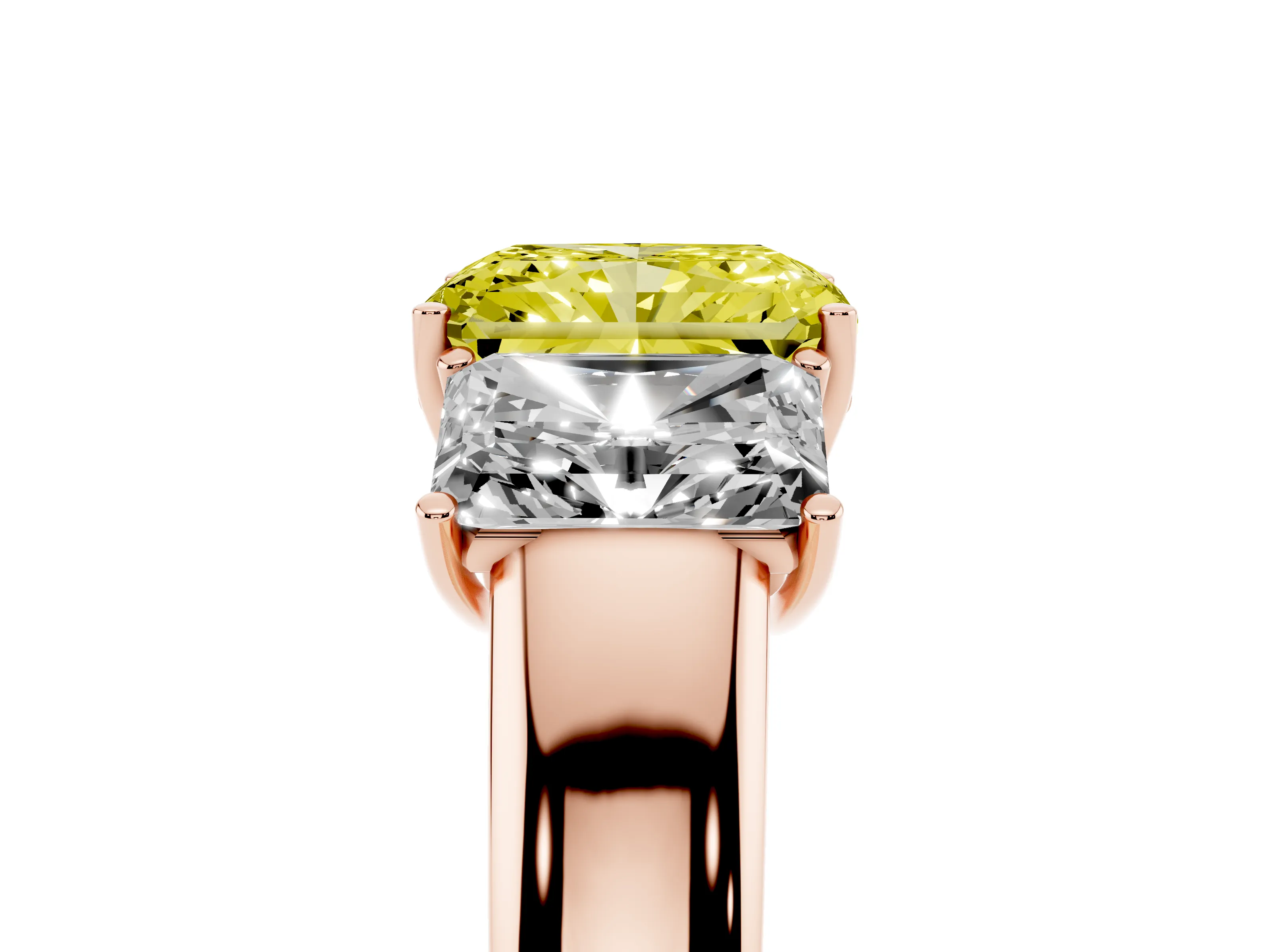 Fancy Yellow Three-Stone Radiant Cut Diamond Ring Set in Rose gold with Matching Prong Settings and Plain Band