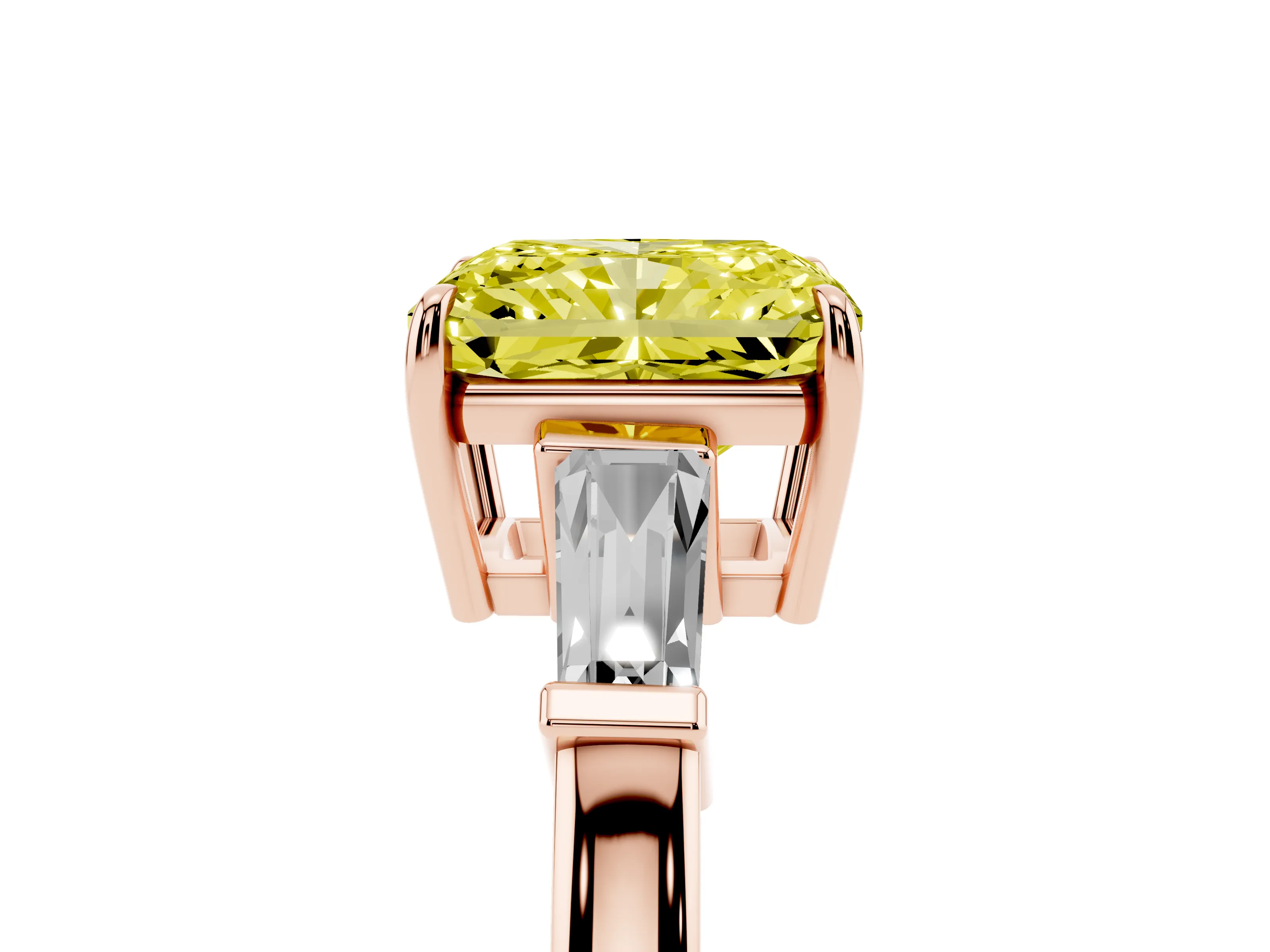 Fancy Yellow Radiant Cut Diamond Three-Stone Ring Set in Rose gold with Tapered Baguette Side Stones and Prong Setting