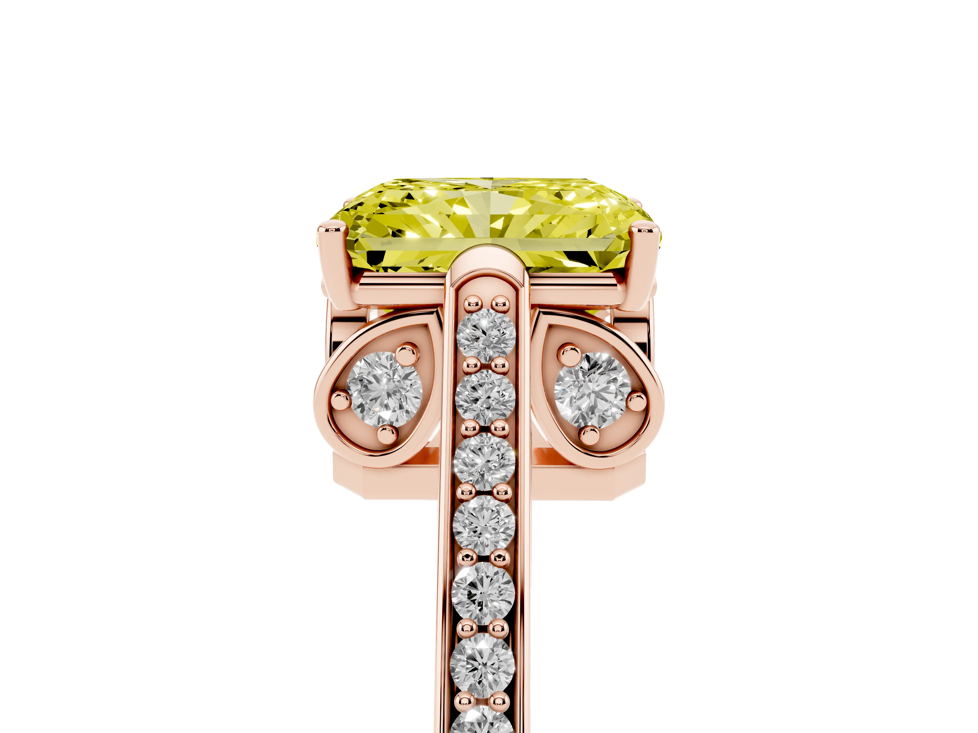 Fancy Yellow Radiant Cut Diamond Cathedral Pavé Engagement Ring Set in Rose gold with Prong Setting