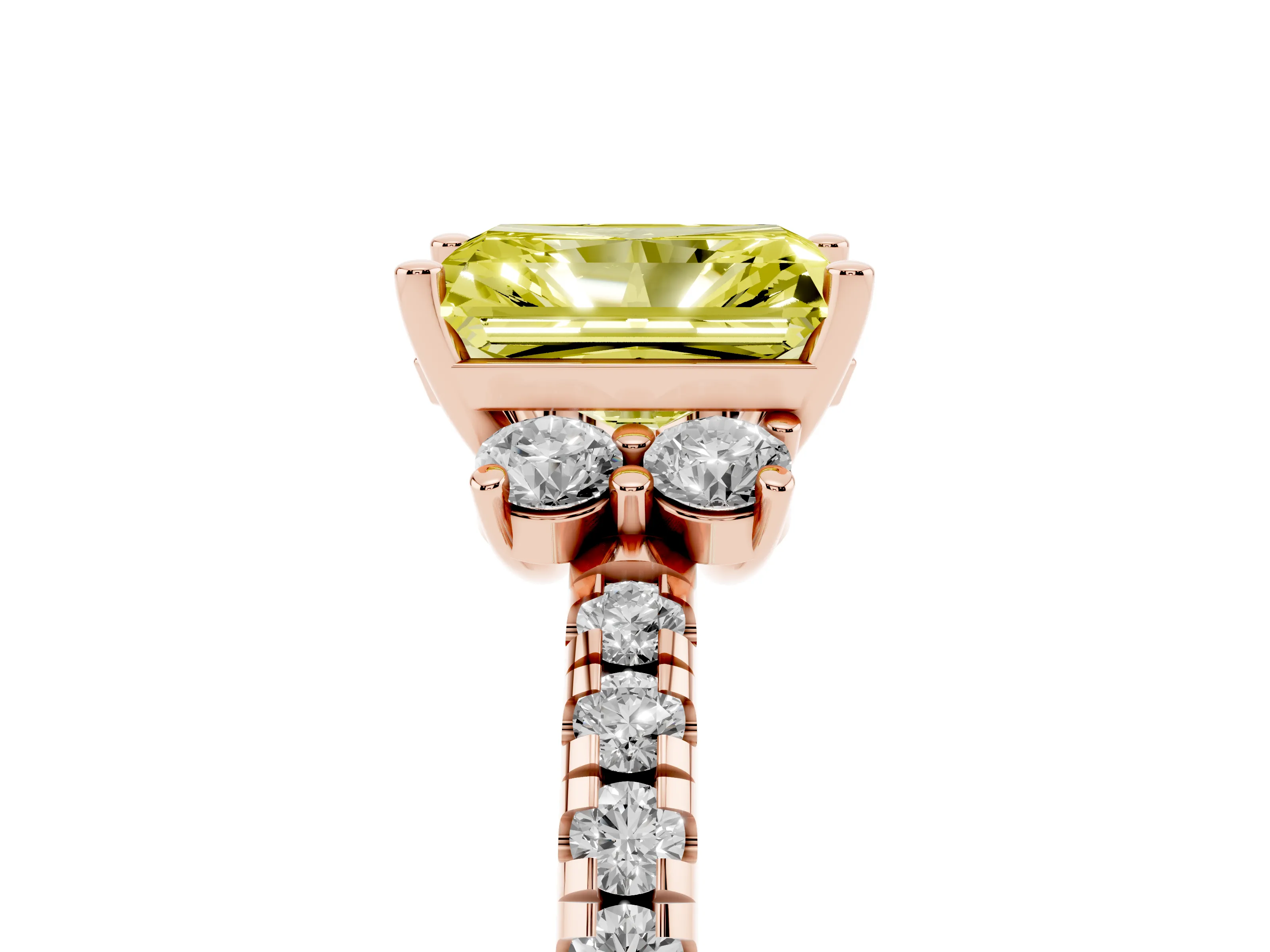 Fancy Yellow Radiant Cut Diamond Three-Stone Pavé Ring Set in Rose gold with Prong Setting