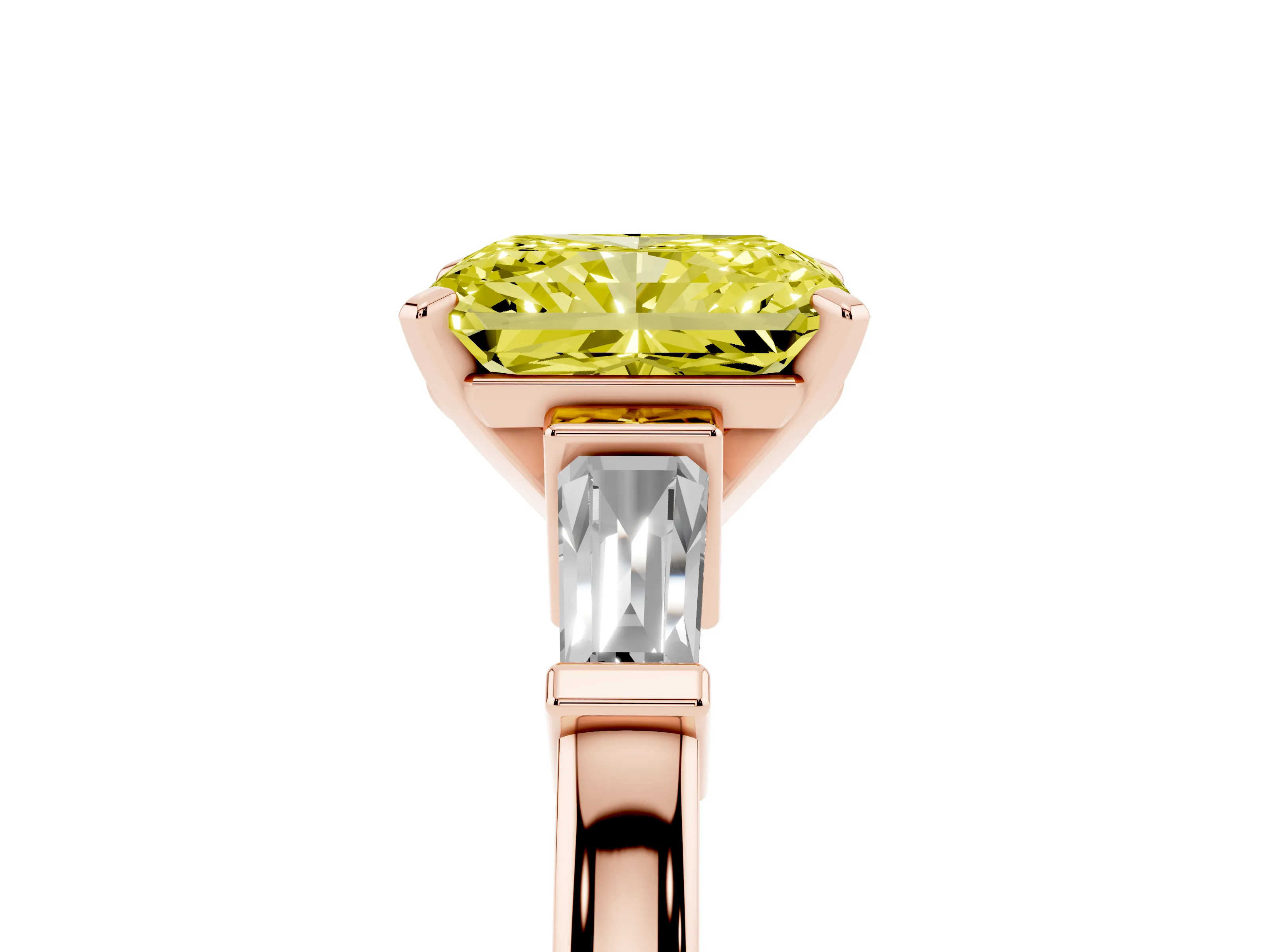 Fancy Yellow Radiant Cut Diamond Solitaire Ring Set in Rose gold with Tapered Baguette Accents and Prong Setting