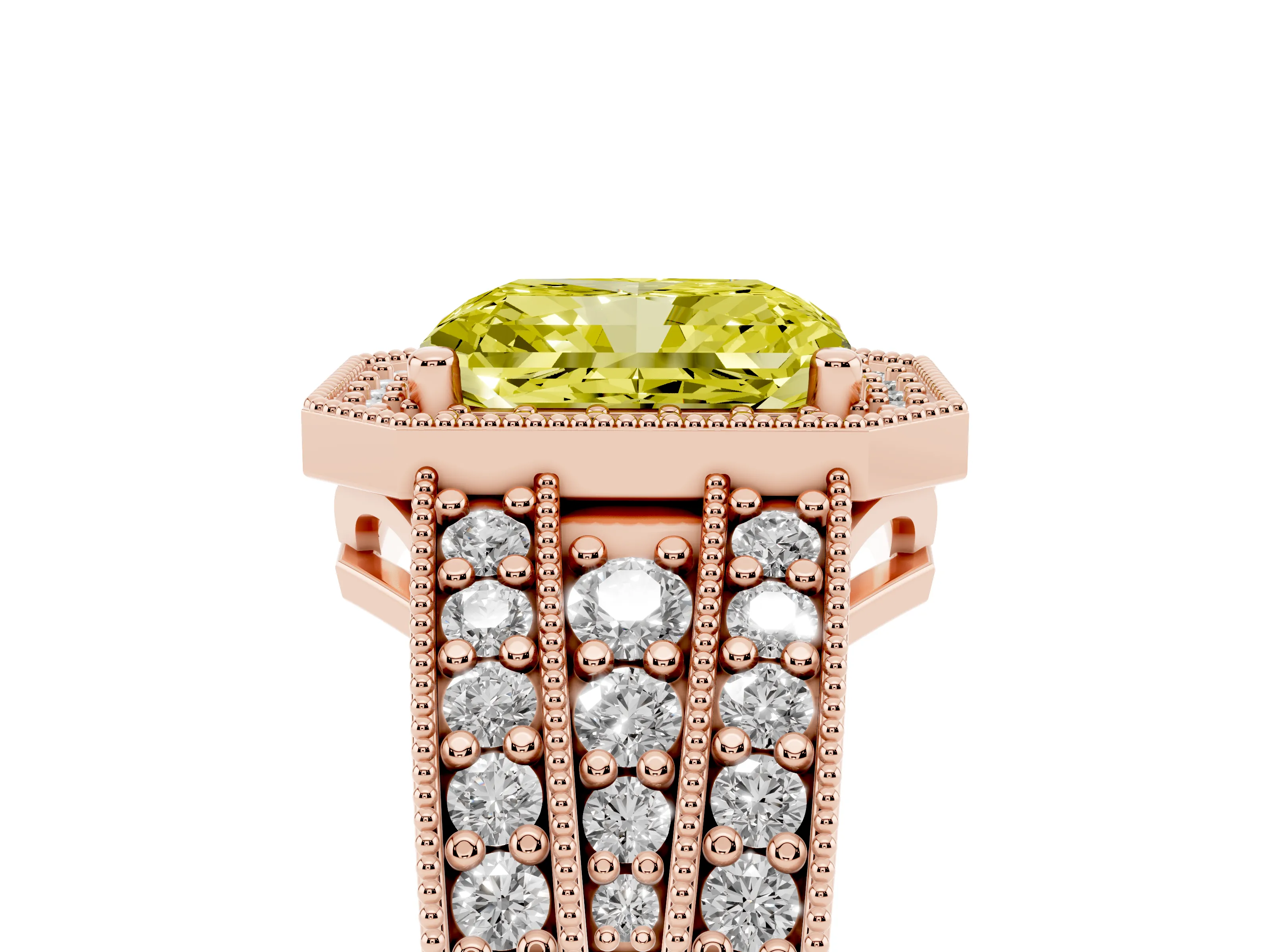 Fancy Yellow Radiant Cut Diamond Halo Ring Set in Rose gold with Accent Split Shank and Prong Setting
