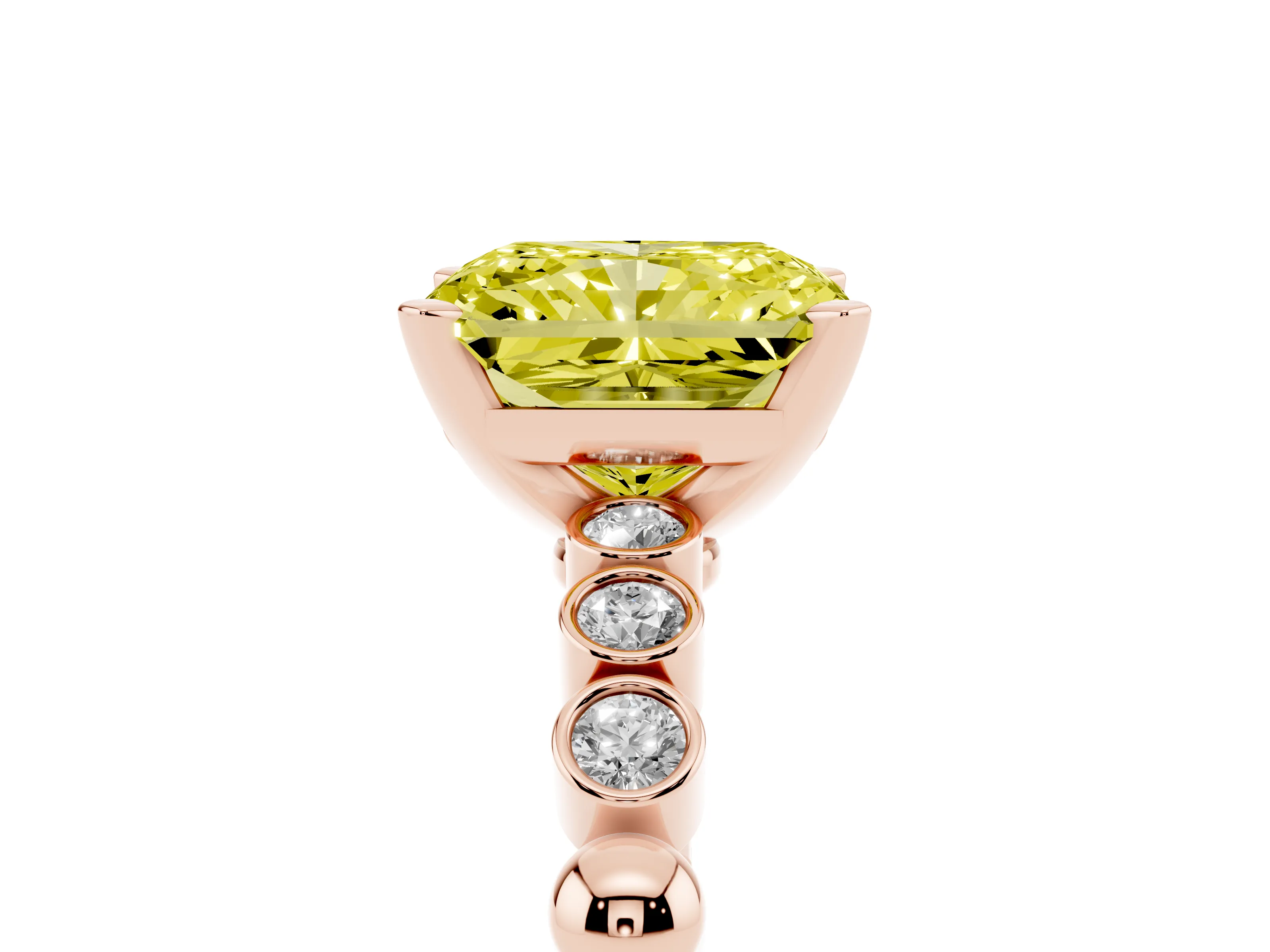 Fancy Yellow Radiant Cut Diamond Solitaire Engagement Ring Set in Rose gold with Bezel Accents on Beaded Band
