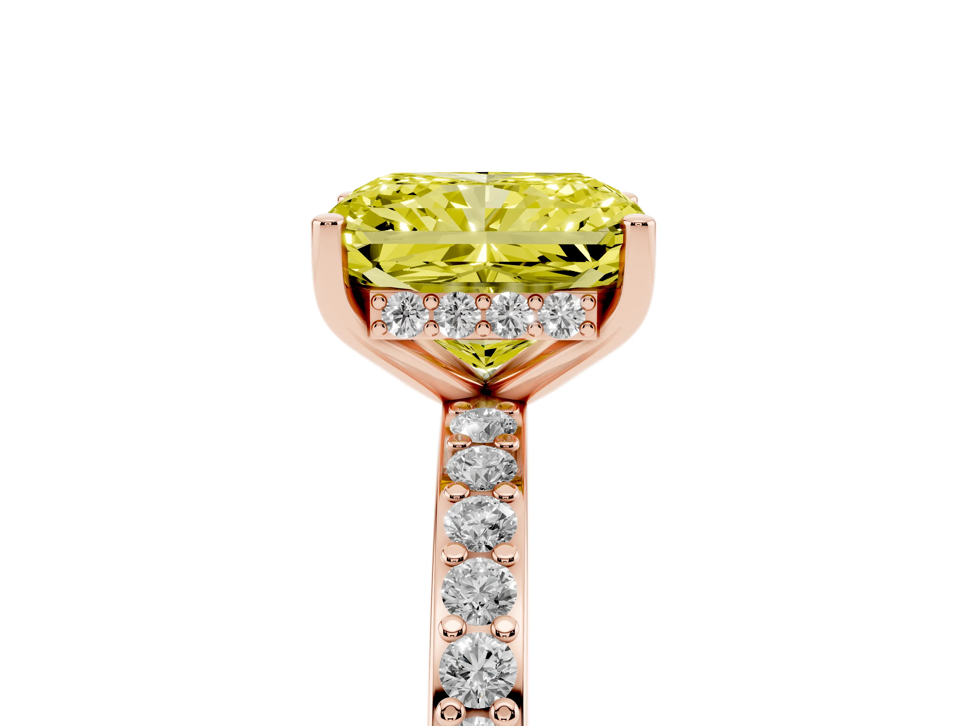 Fancy Yellow Radiant Cut Diamond Pavé Band Ring Set in Rose gold with Prong-Set Center Stone