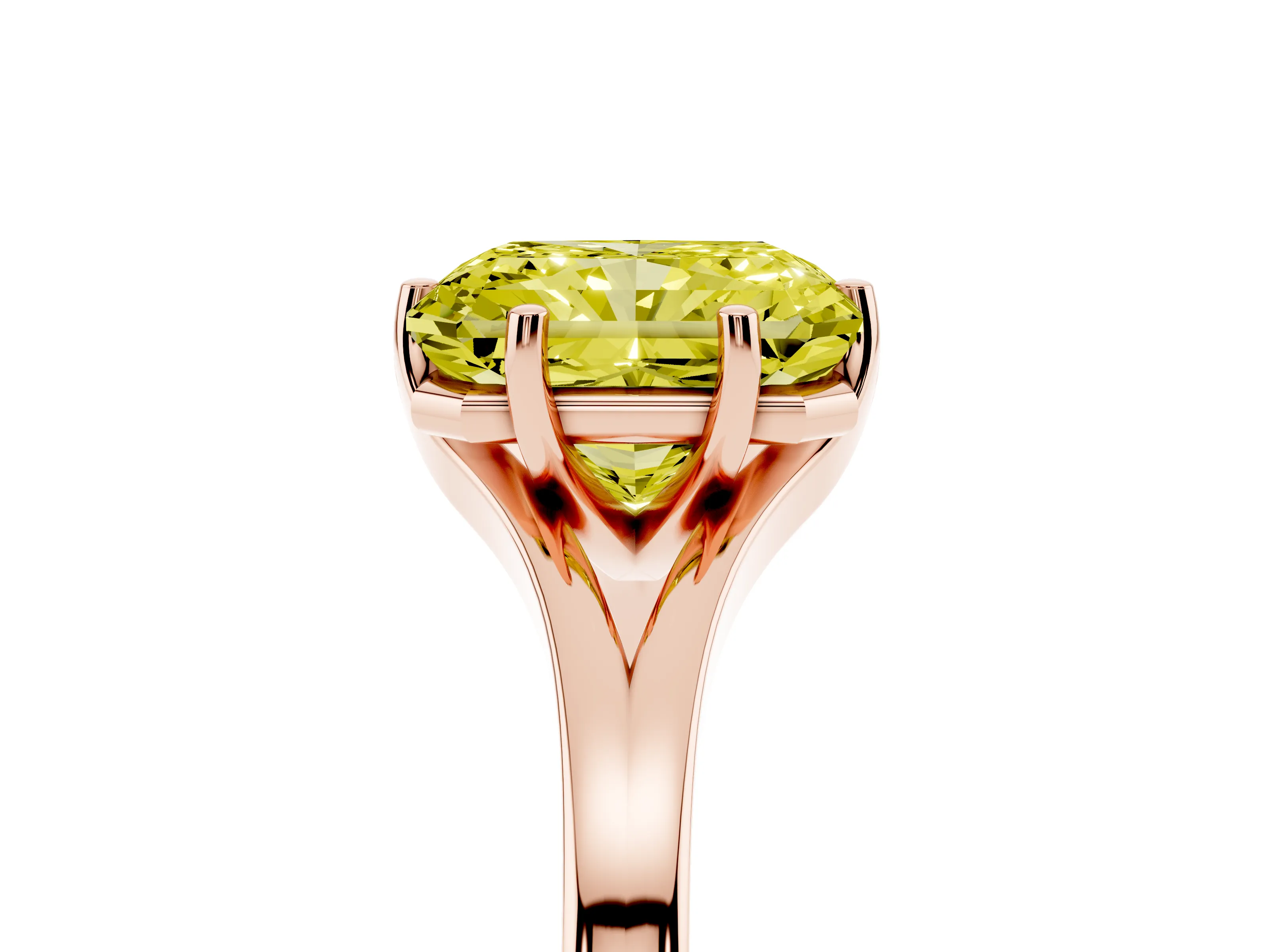Fancy Yellow Radiant Cut Diamond Solitaire Ring Set in Rose gold with Polished Tapered Band and Prong Setting