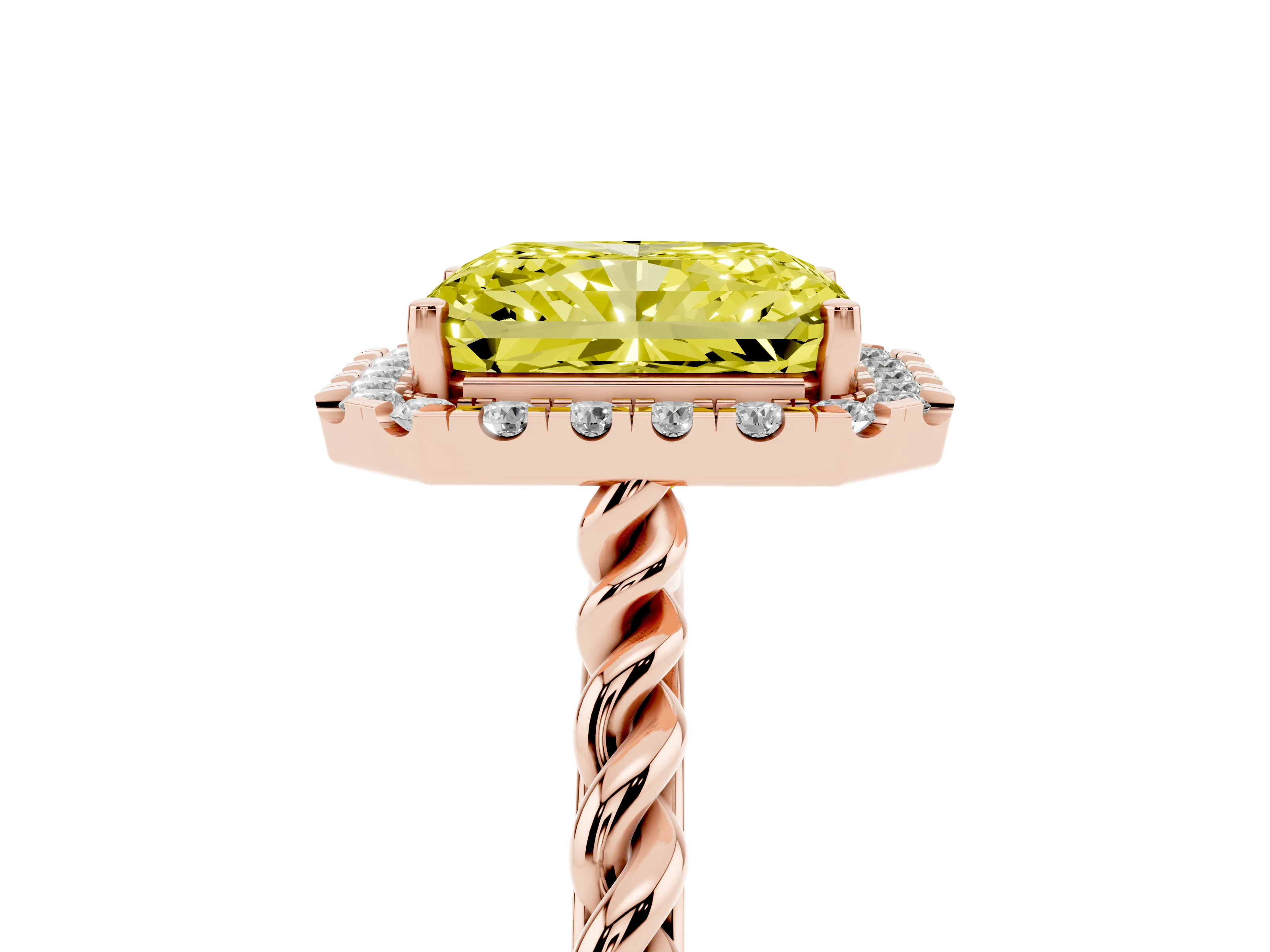 Fancy Yellow Radiant Cut Diamond Halo Ring Set in Rose gold with Plain Twisted Band