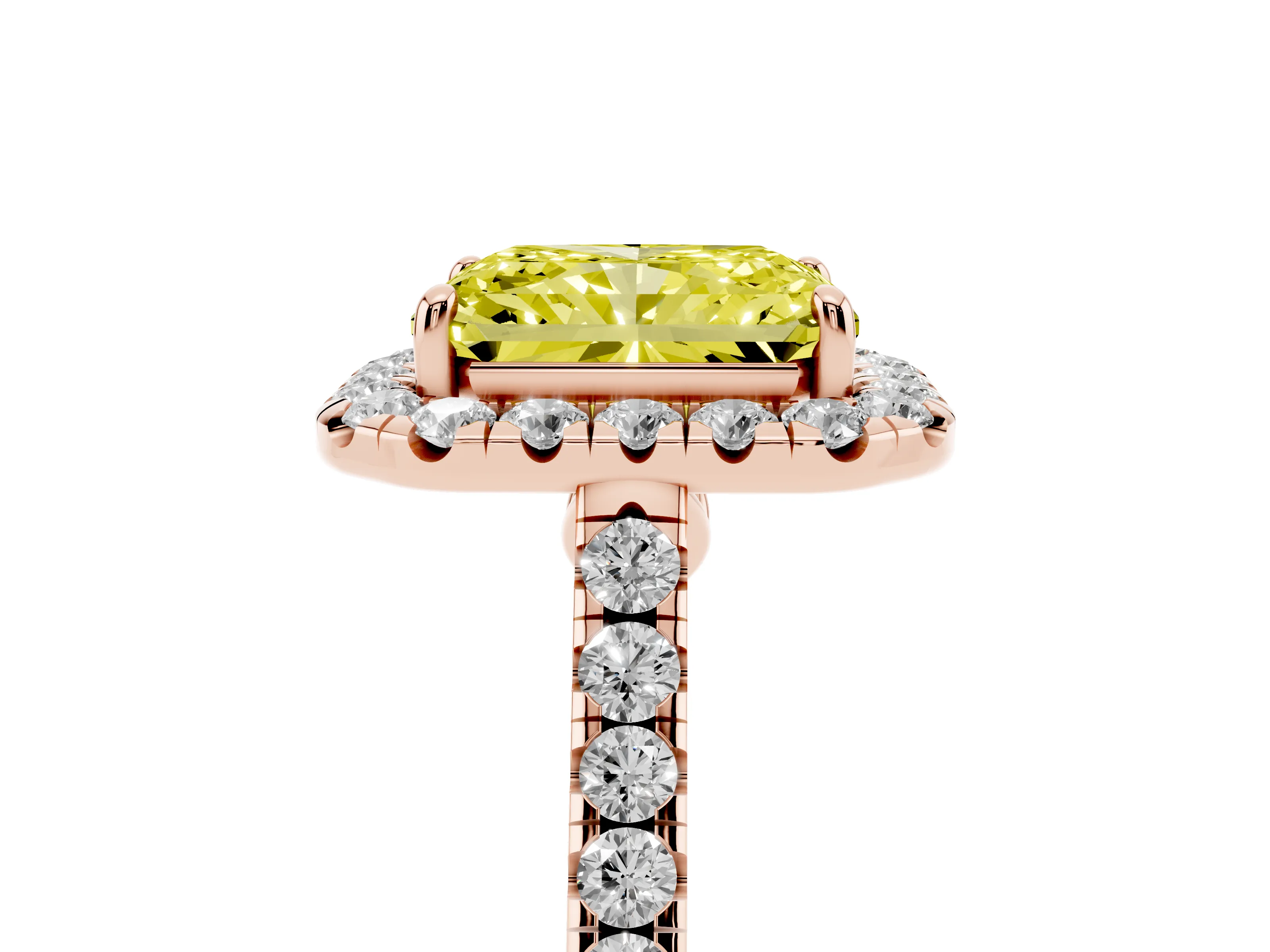 Fancy Yellow Radiant Cut Diamond Halo Pavé Engagement Ring Set in Rose gold with Prong Setting