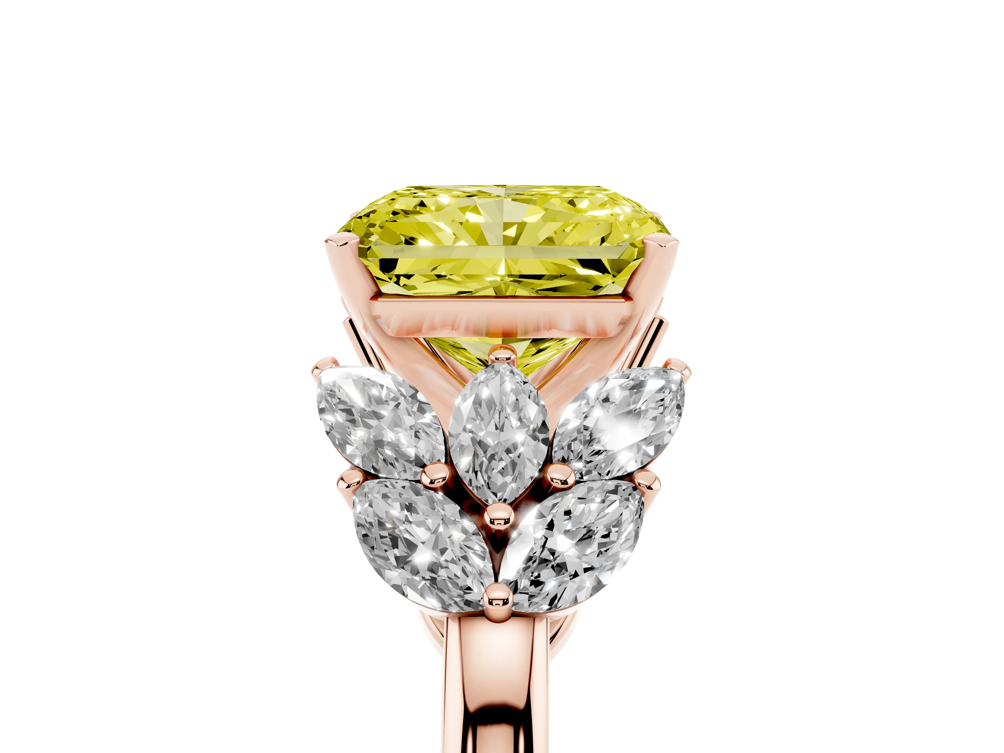 Fancy Yellow Radiant Cut Diamond Cluster Leaf Design Ring Set in Rose gold with Prong Setting