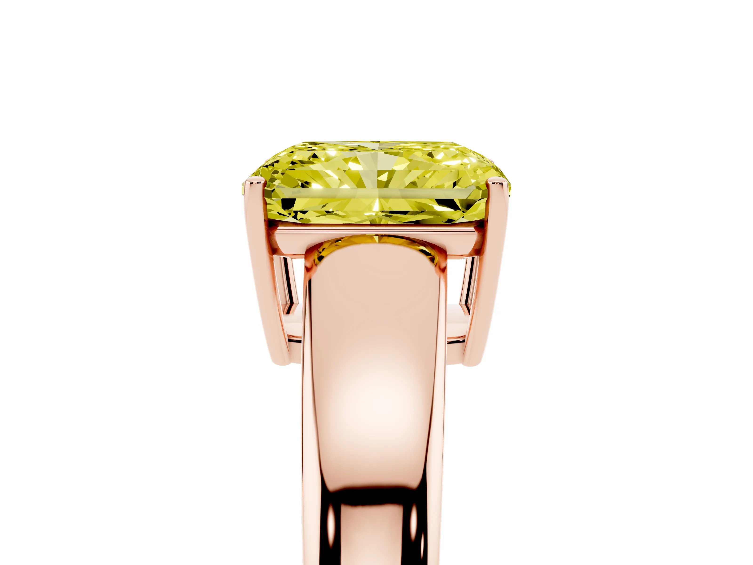 Fancy Yellow Radiant Cut Diamond Solitaire Ring Set in Rose gold with Tapered Band and Prong Setting