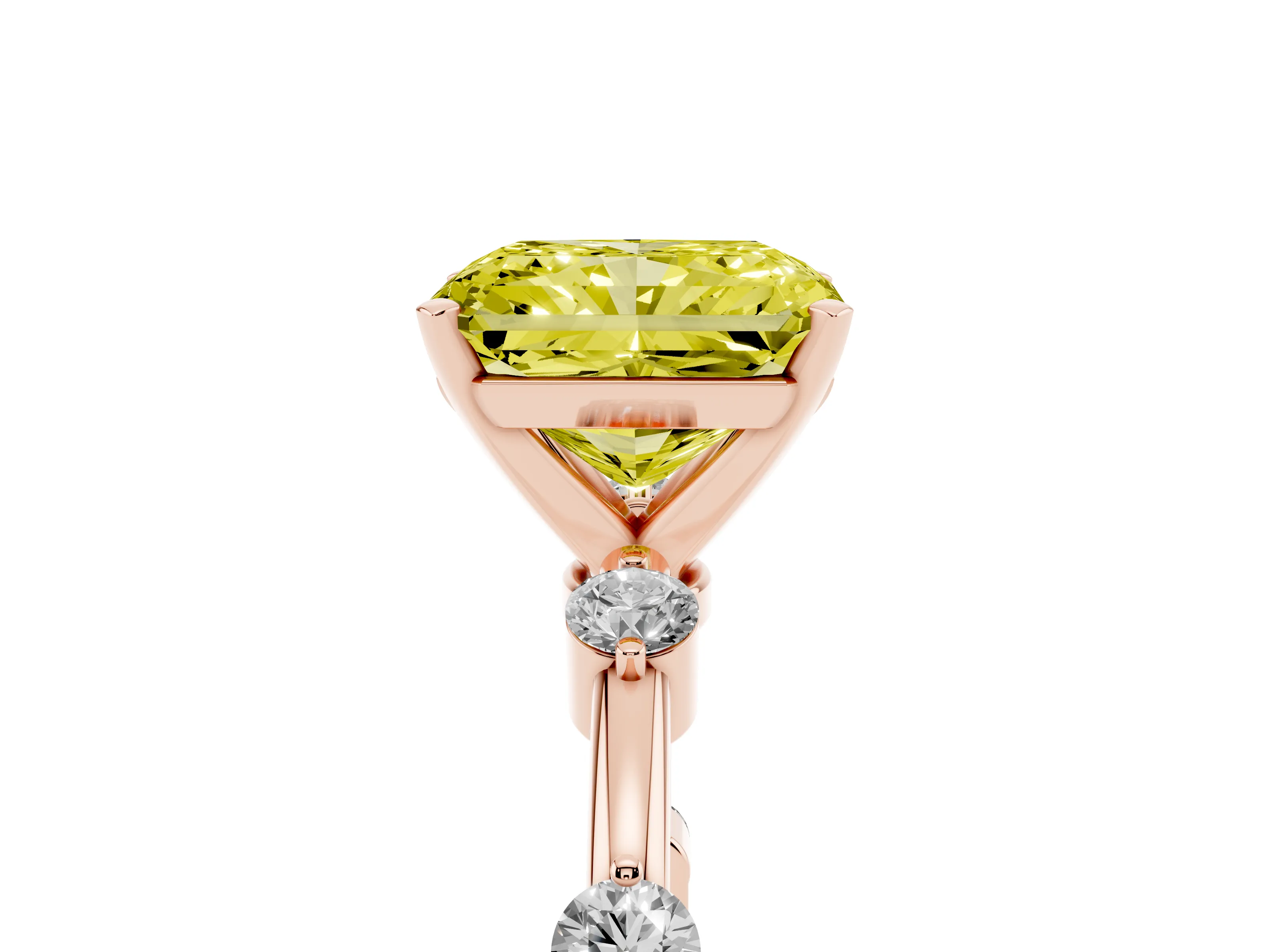 Fancy Yellow Radiant Cut Diamond Solitaire Ring Set in Rose gold with Bezel Set Side Stones and Prong Setting