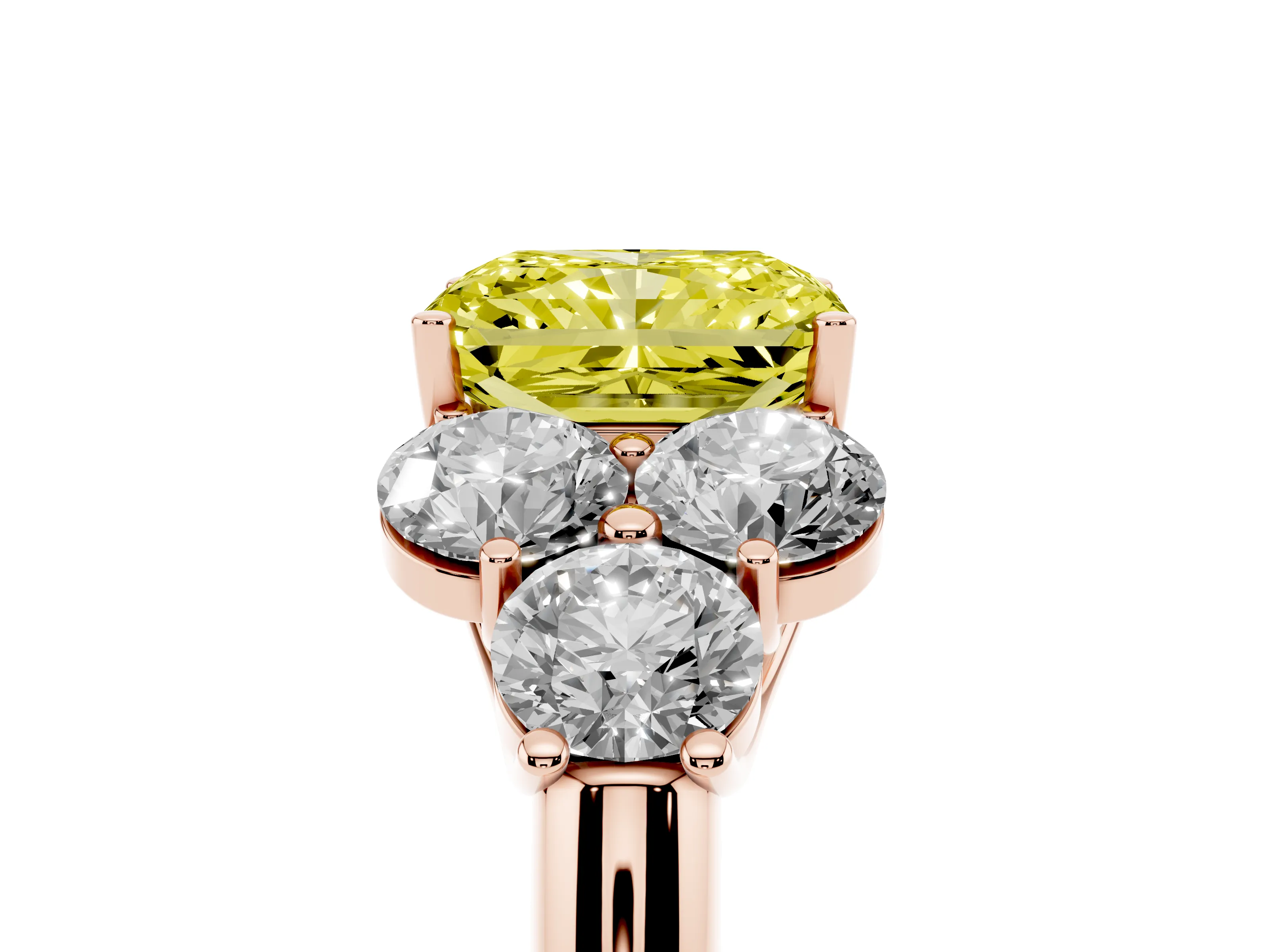 Fancy Yellow Radiant Cut Diamond Cluster Ring Set in Rose gold with Round Accent Stones and Prong Setting on a Plain Band