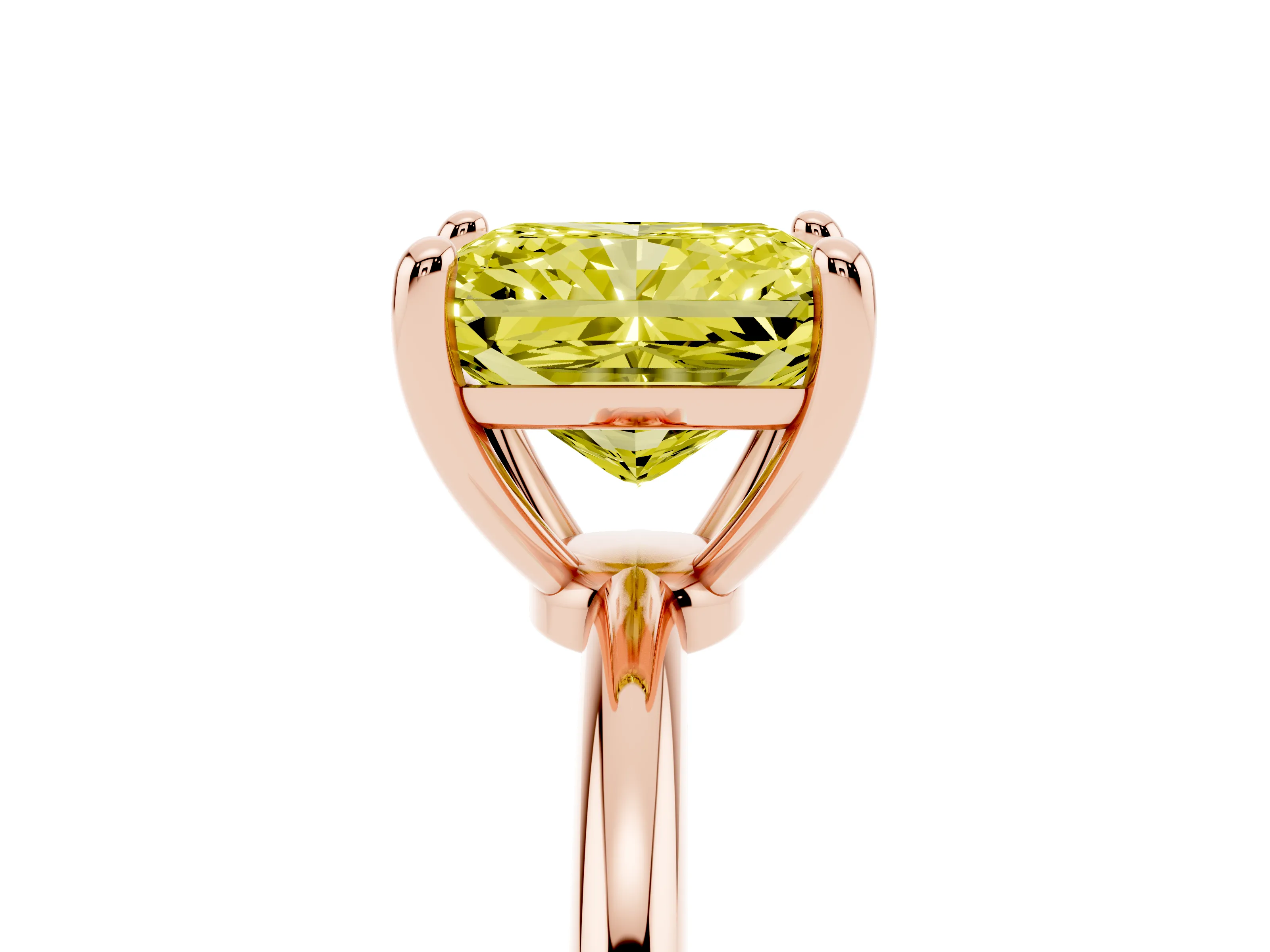 Fancy Yellow Radiant Cut Diamond Solitaire Ring Set in Rose gold with Secure Prong Setting on a Classic Band