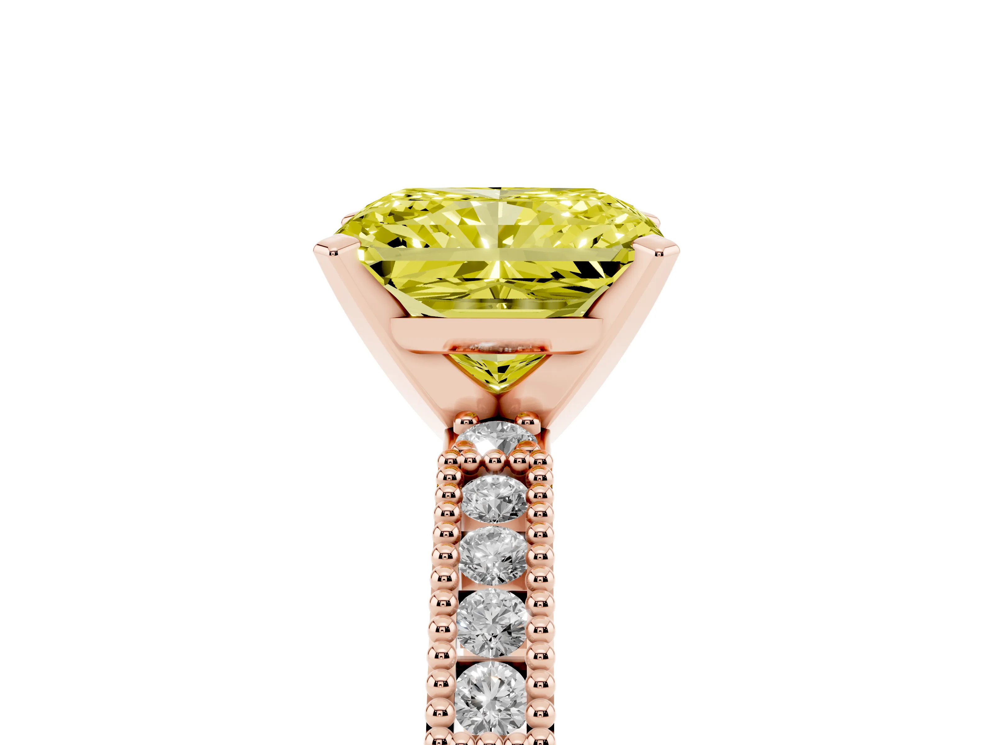 Fancy Yellow Radiant Cut Diamond Solitaire Ring Set in Rose gold with Slim Pavé Band and Prong Setting