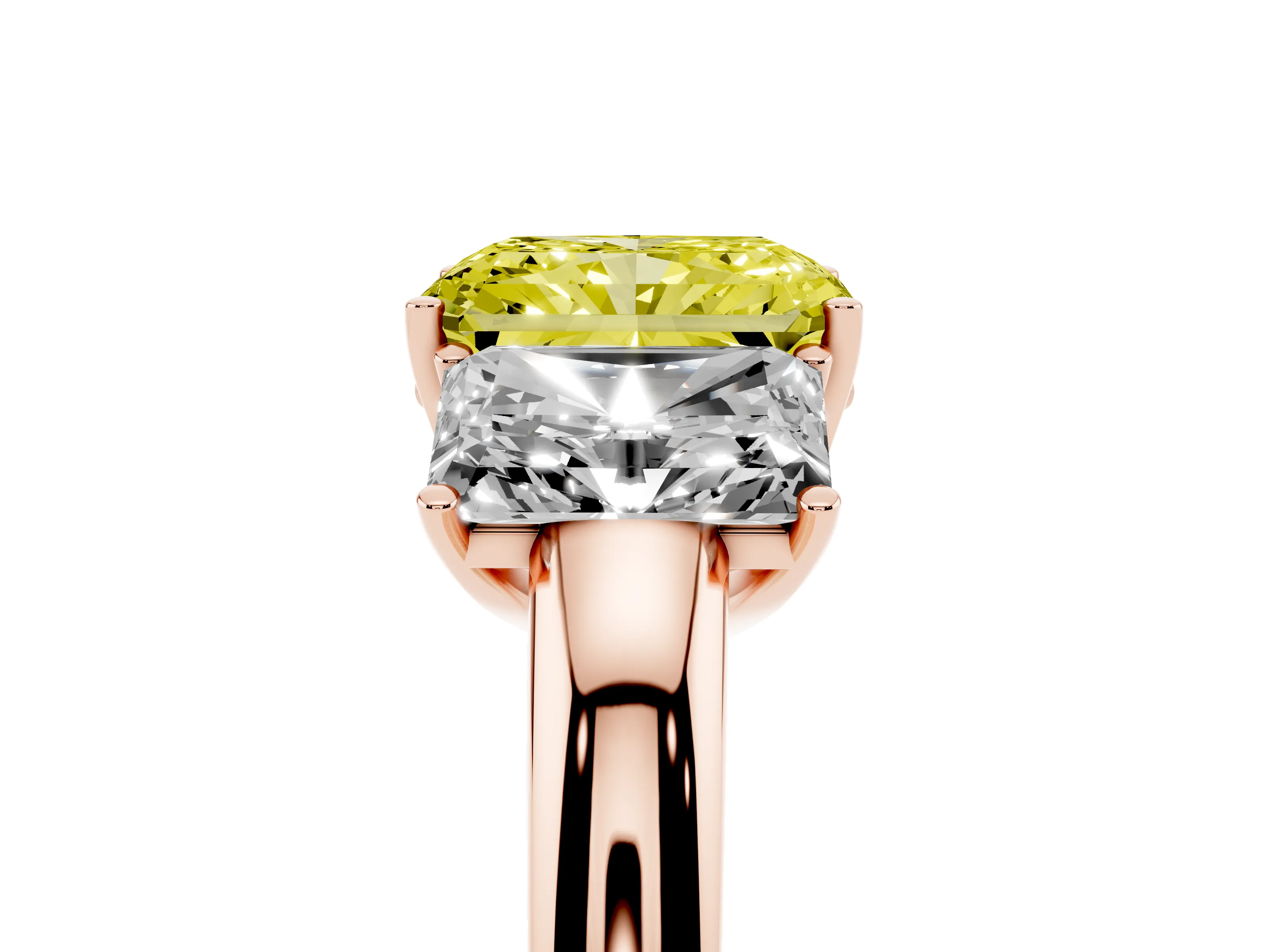Fancy Yellow Radiant Cut Diamond Three-Stone Ring Set in Rose gold with Bold Center and Classic Band