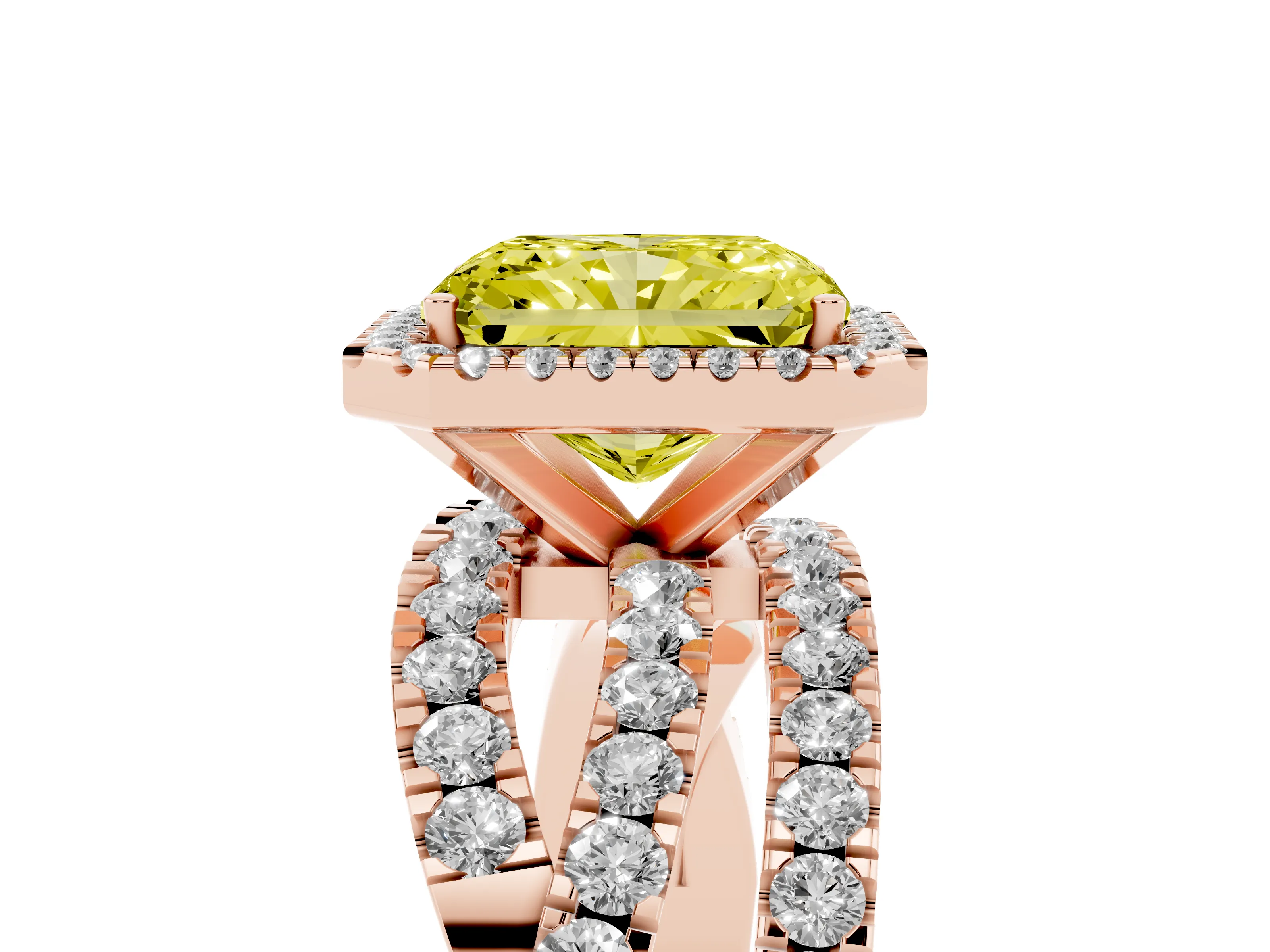 Fancy Yellow Radiant Cut Diamond Halo Ring Set in Rose gold with Round Crossover Split Shank and Prong Setting