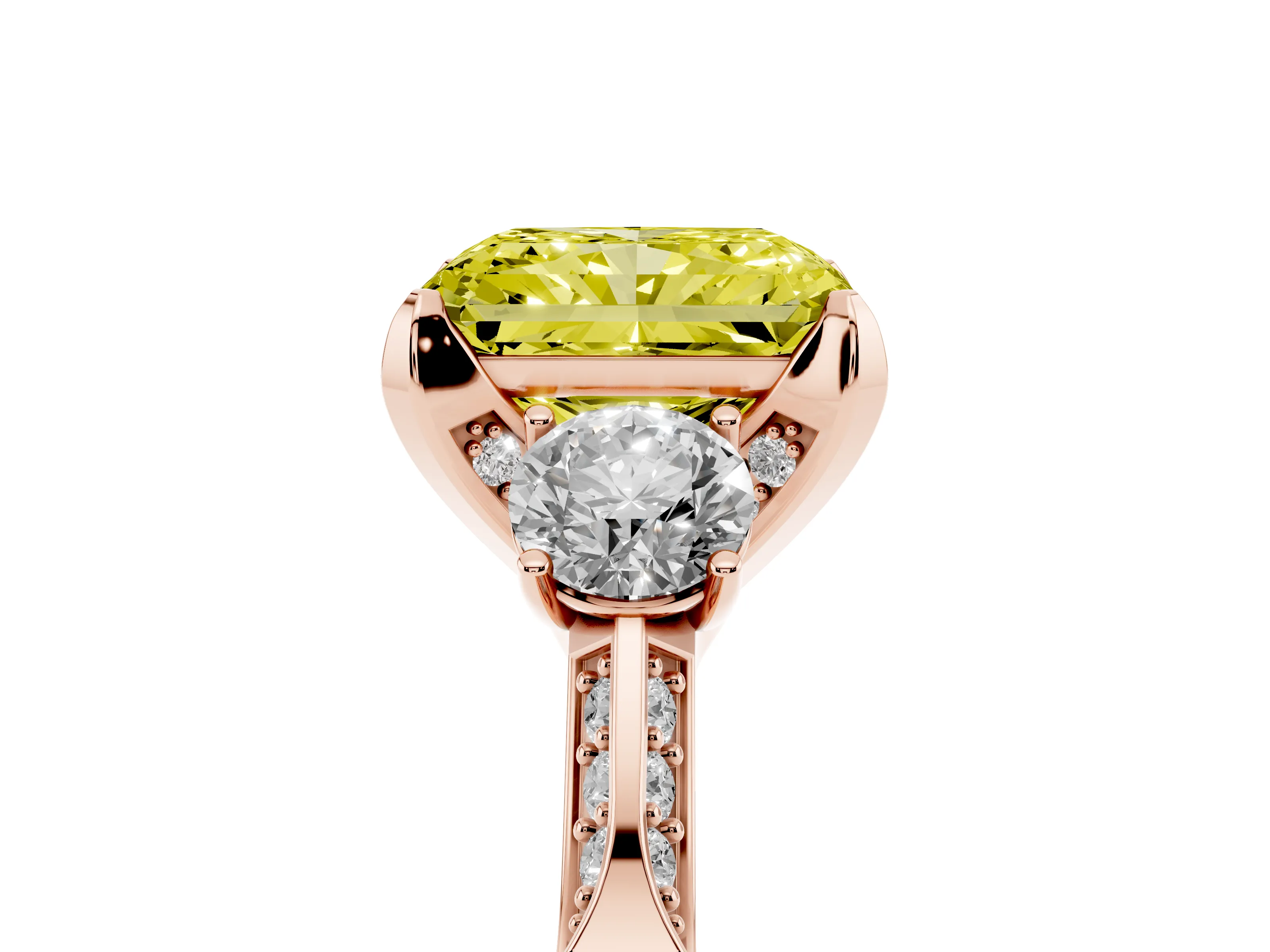 Fancy Yellow Radiant Cut Diamond Three-Stone Ring Set in Rose gold with Pavé Band and Smaller Side Stones
