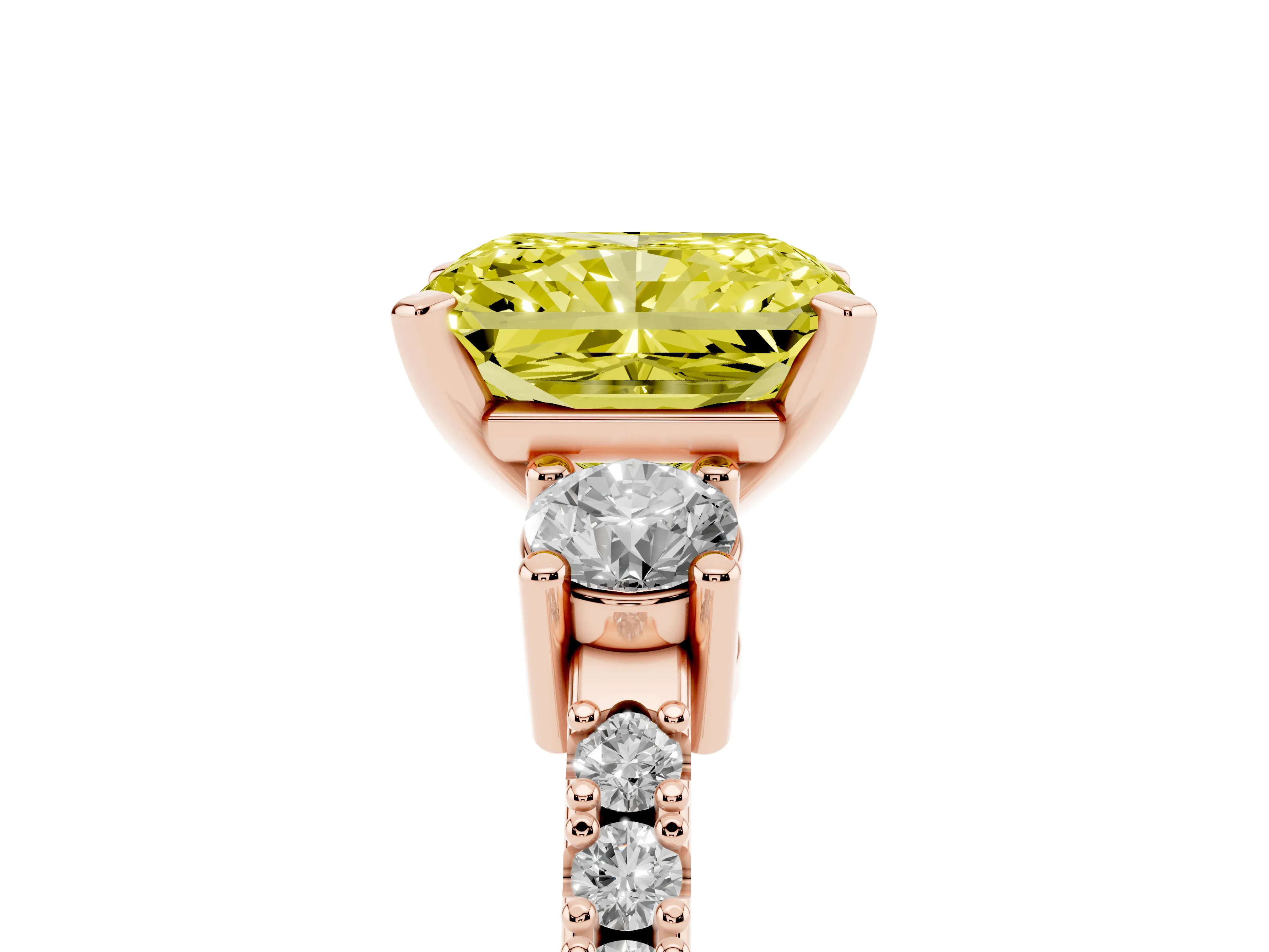 Fancy Yellow Three-Stone Radiant Cut Diamond Pavé Band Ring Set in Rose gold with Prong Setting