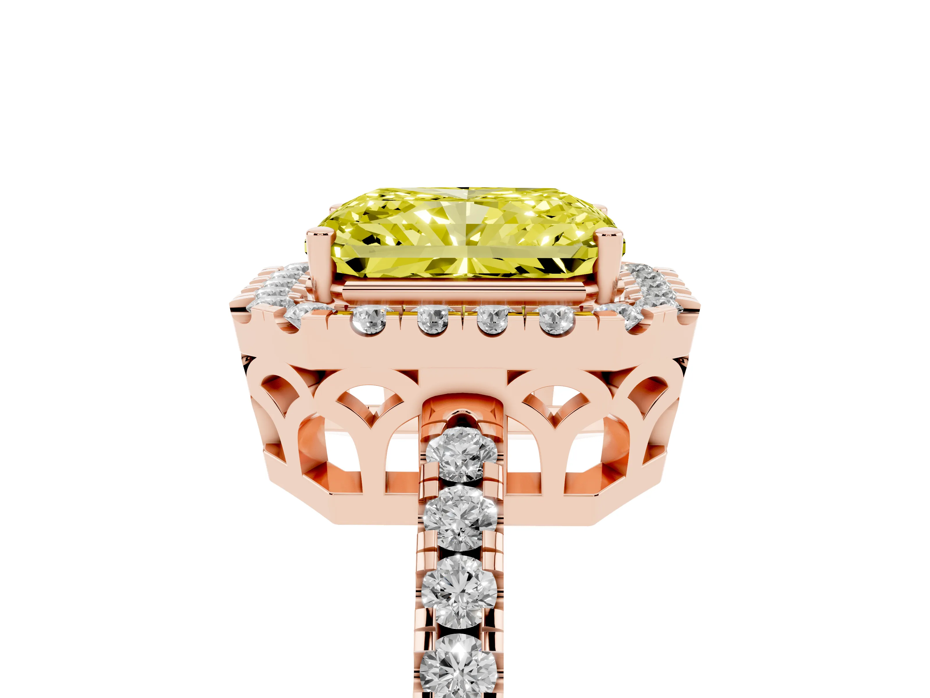 Fancy Yellow Radiant Cut Diamond Pavé Band Halo Engagement Ring Set in Rose gold with Prong Setting