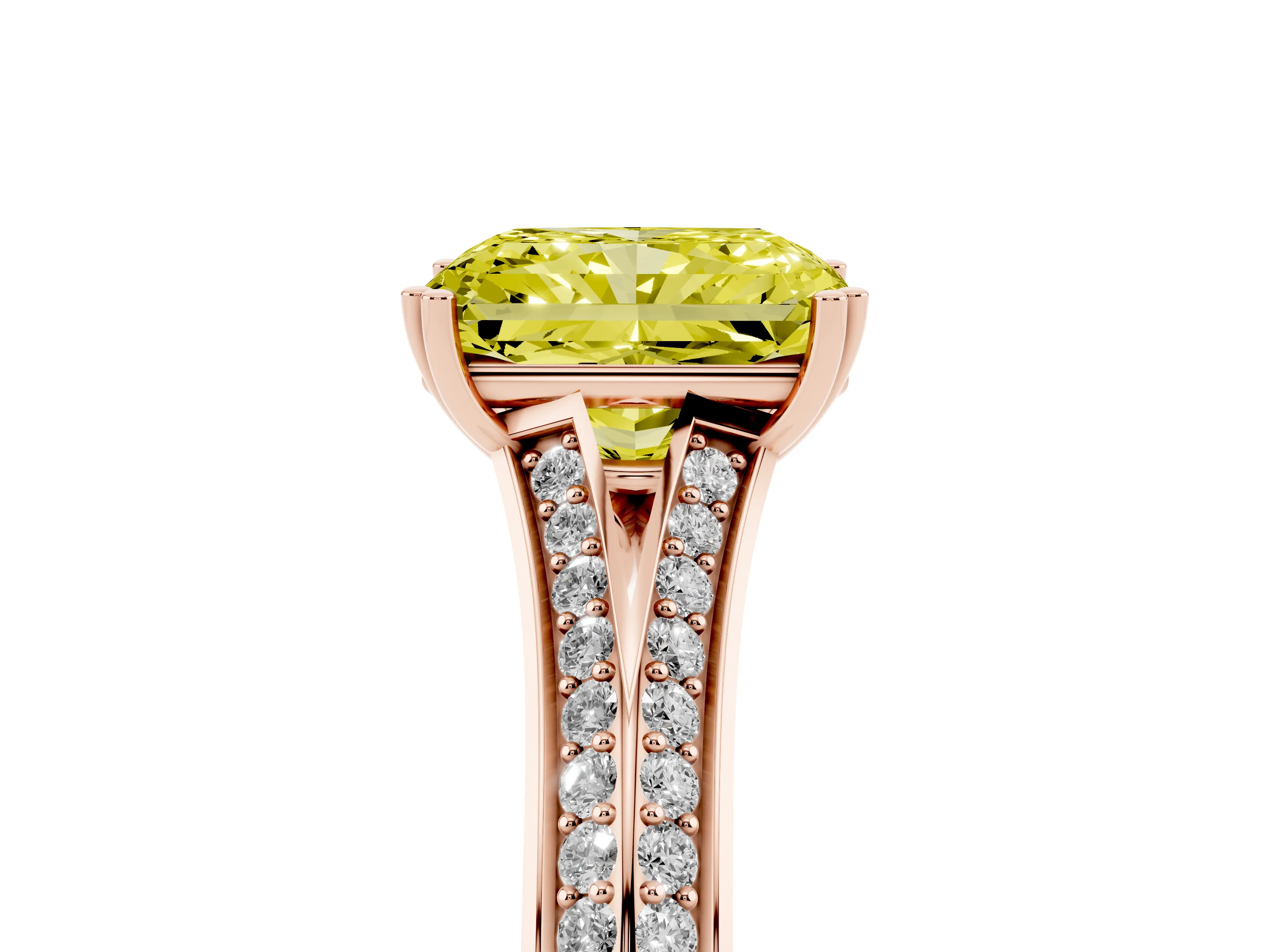 Fancy Yellow Radiant Cut Diamond Split Shank Pavé Engagement Ring Set in Rose gold with Prong-Set Center Stone
