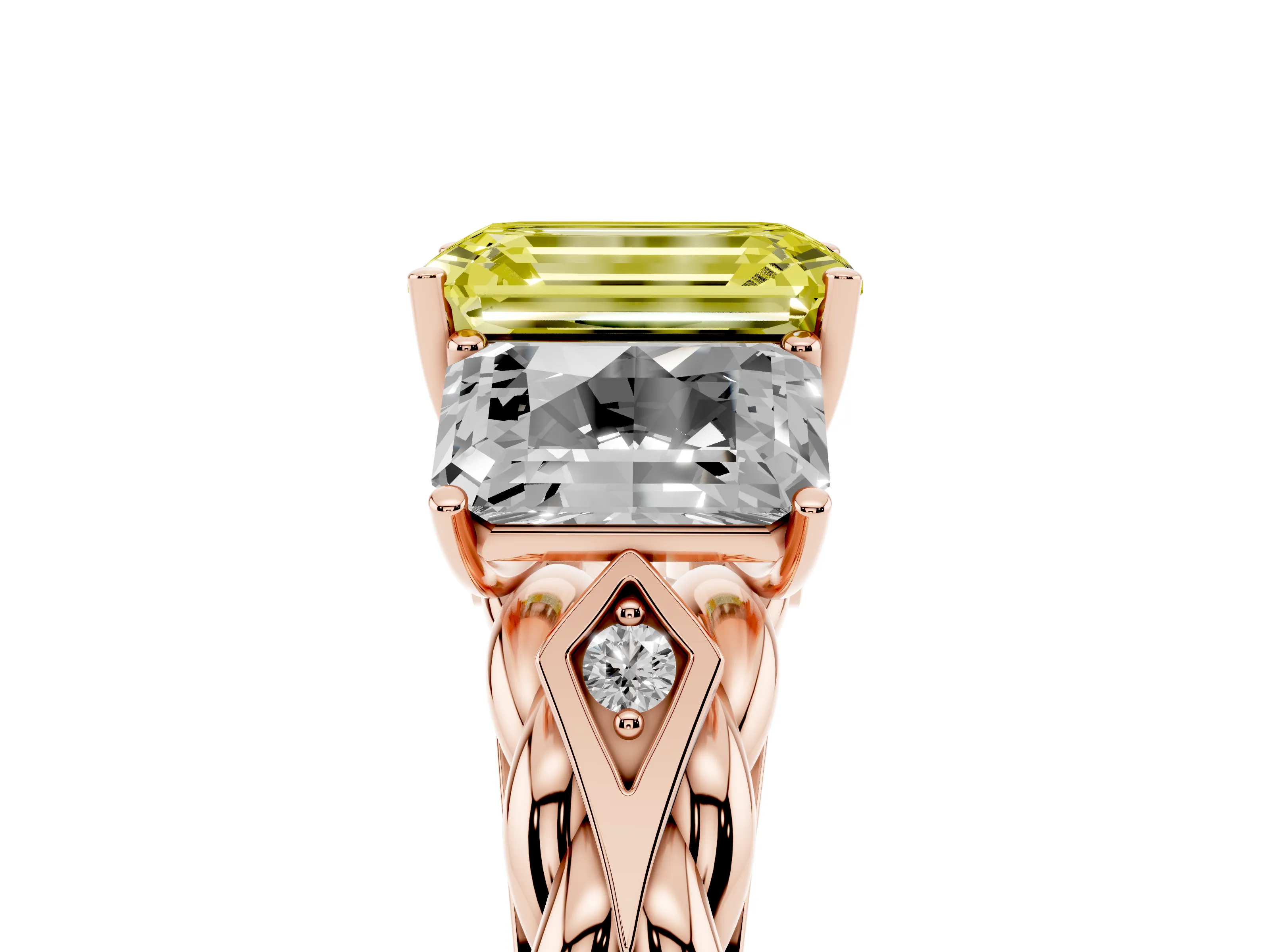 Fancy Yellow Radiant Cut Diamond Three-Stone Ring Set in Rose gold with Braided Band