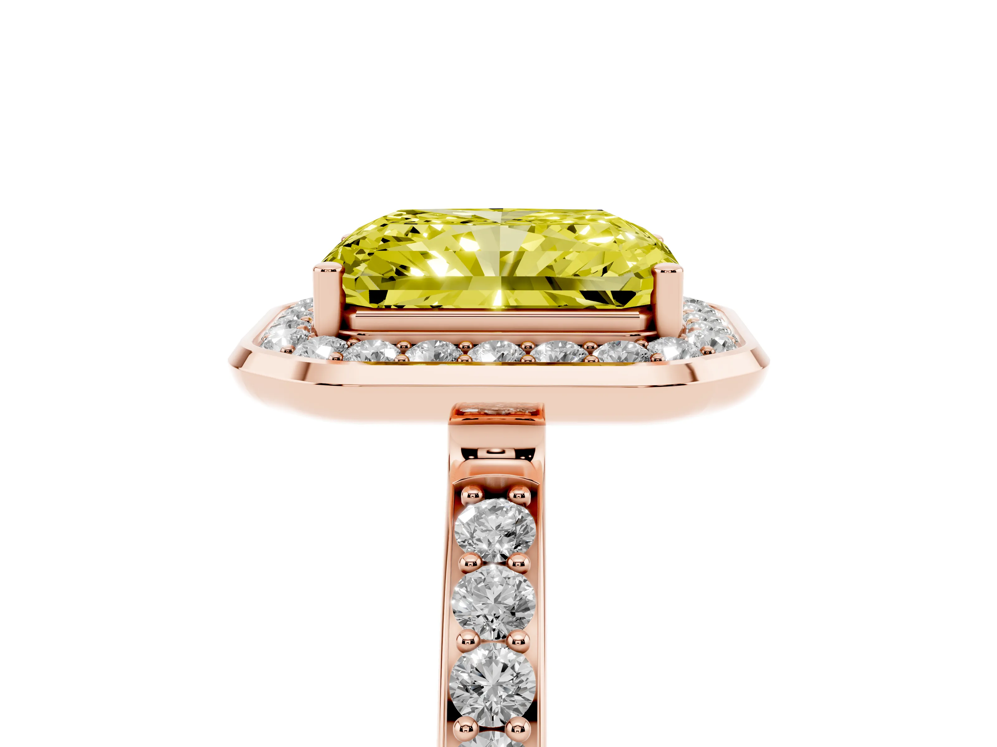 Fancy Yellow Radiant Cut Diamond Halo Ring Set in Rose gold with Bezel Frame and Pavé Band