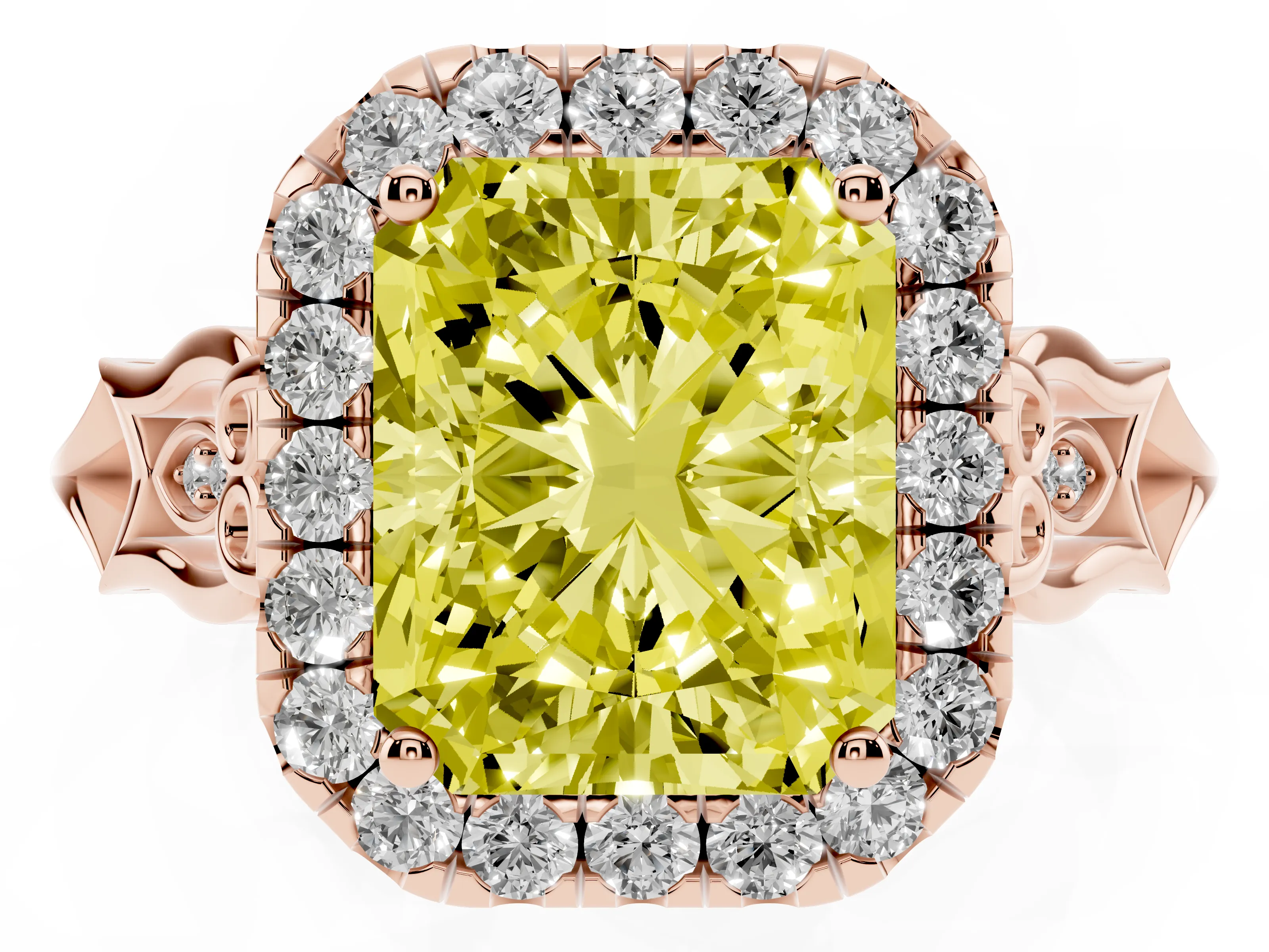 Fancy Yellow Radiant Cut Diamond Halo Engagement Ring Set in Rose gold with Filigree Band and Prong-Set Center