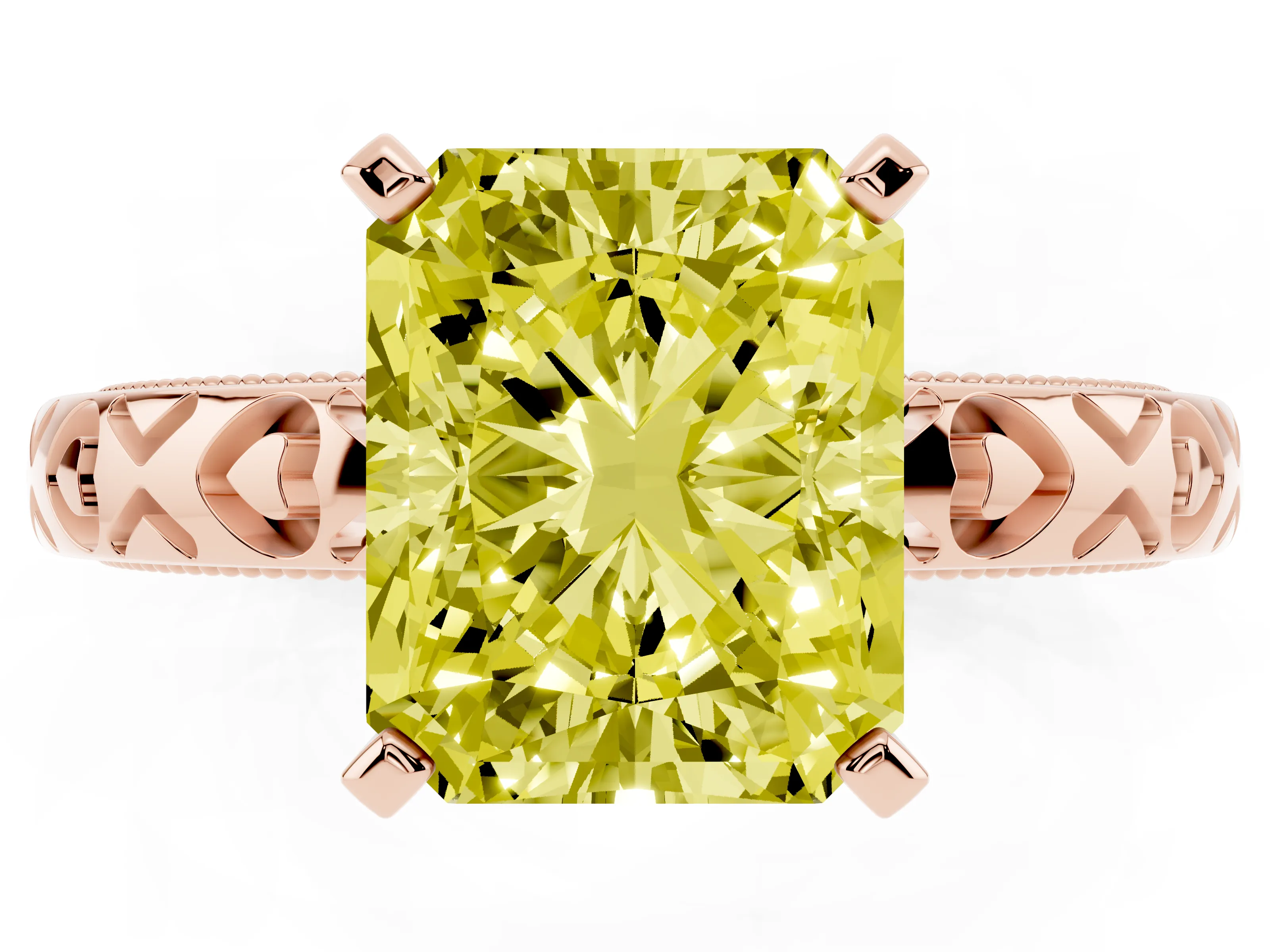 Fancy Yellow Radiant Cut Diamond Solitaire Engagement Ring Set in Rose gold with XO Engraved Band and Prong Setting