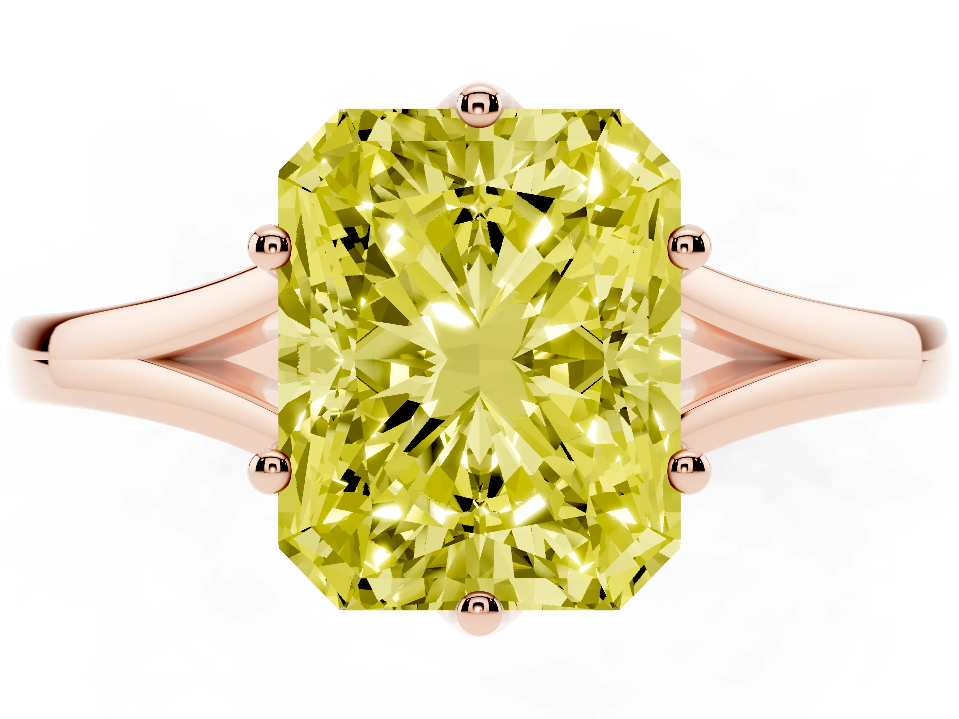 Fancy Yellow Radiant Cut Diamond Solitaire Ring Set in Rose gold with Polished Tapered Band and Prong Setting