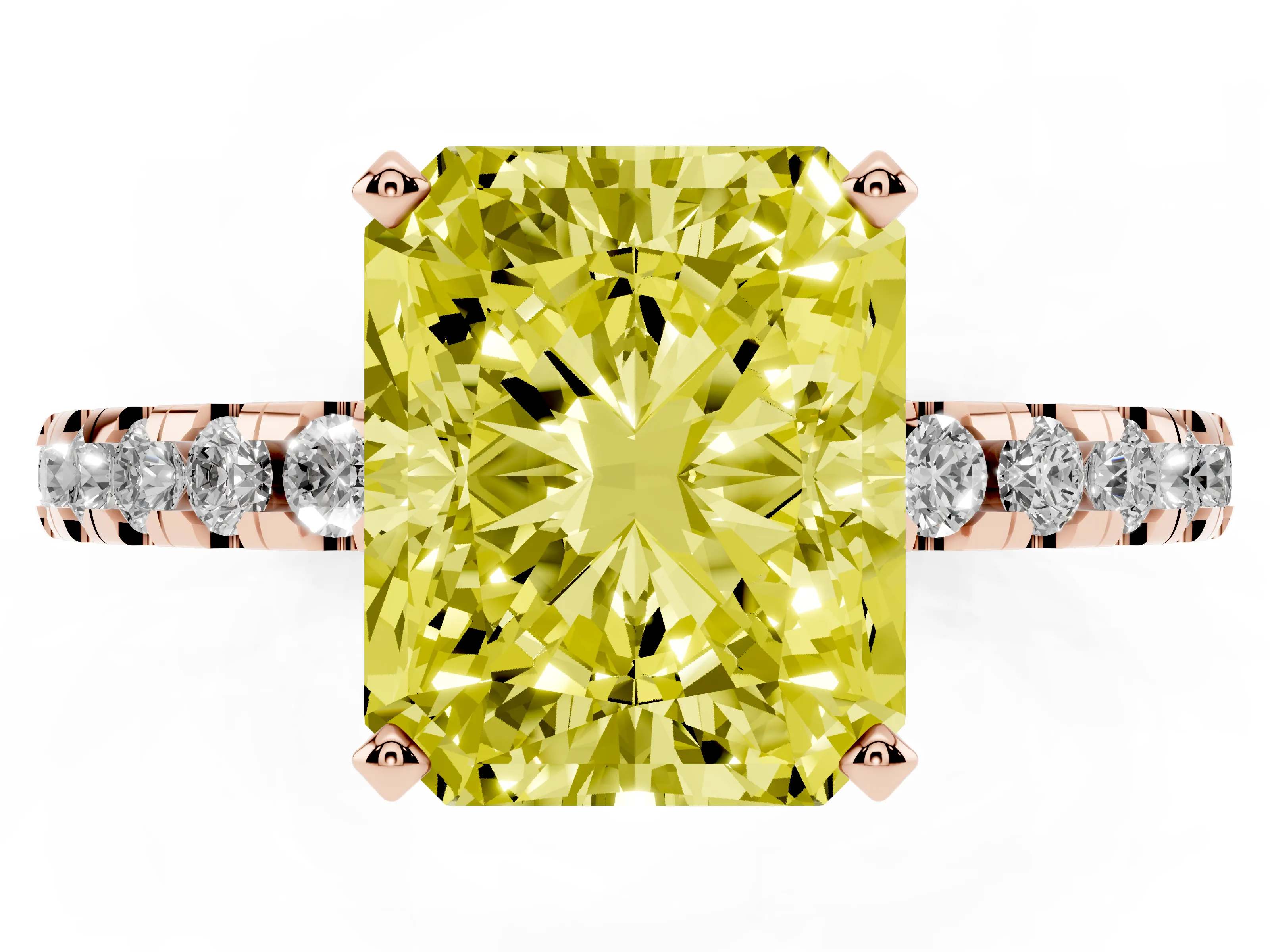 Fancy Yellow Radiant Cut Diamond Pavé Solitaire Ring Set in Rose gold with Round Band Accents and Prong Setting