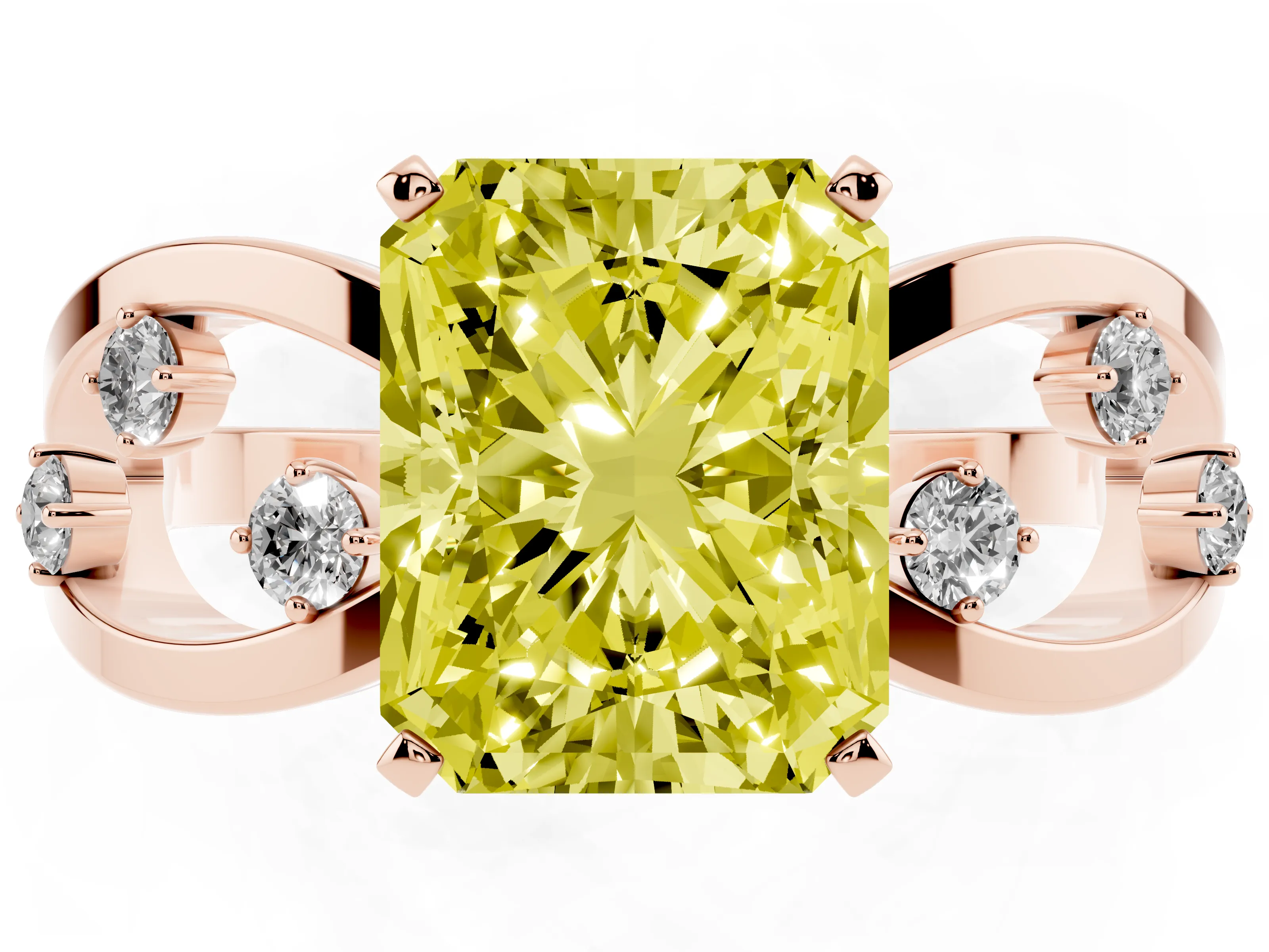 Fancy Yellow Radiant Cut Diamond Solitaire Ring Set in Rose gold with Side Stones on Criss-Cross Band and Prong Setting