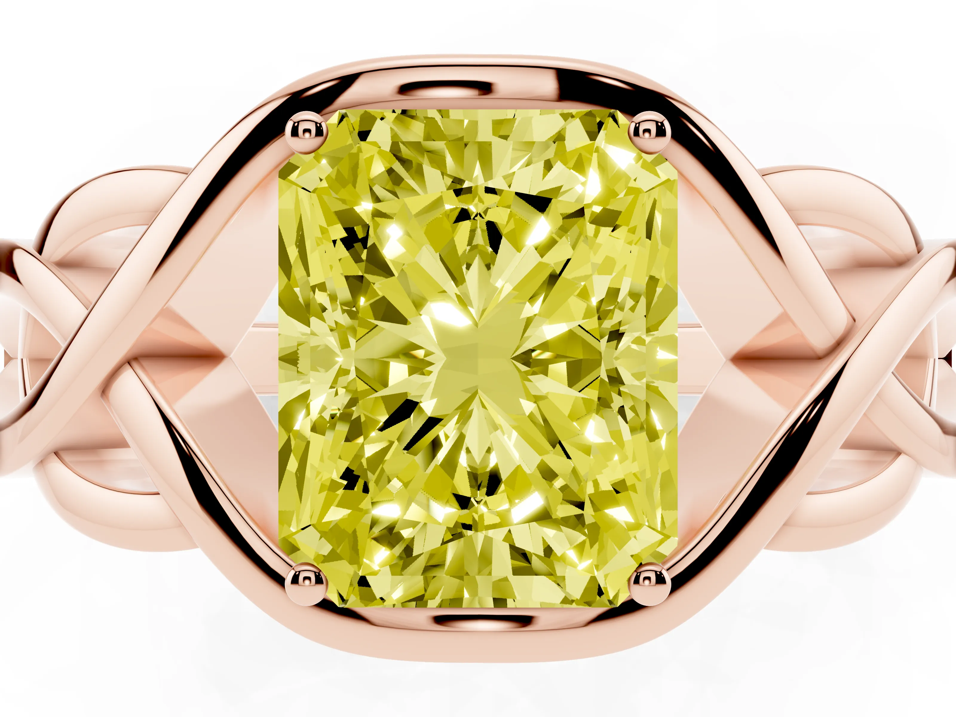 Fancy Yellow Radiant Cut Diamond Solitaire Ring Set in Rose gold with Intertwined Band