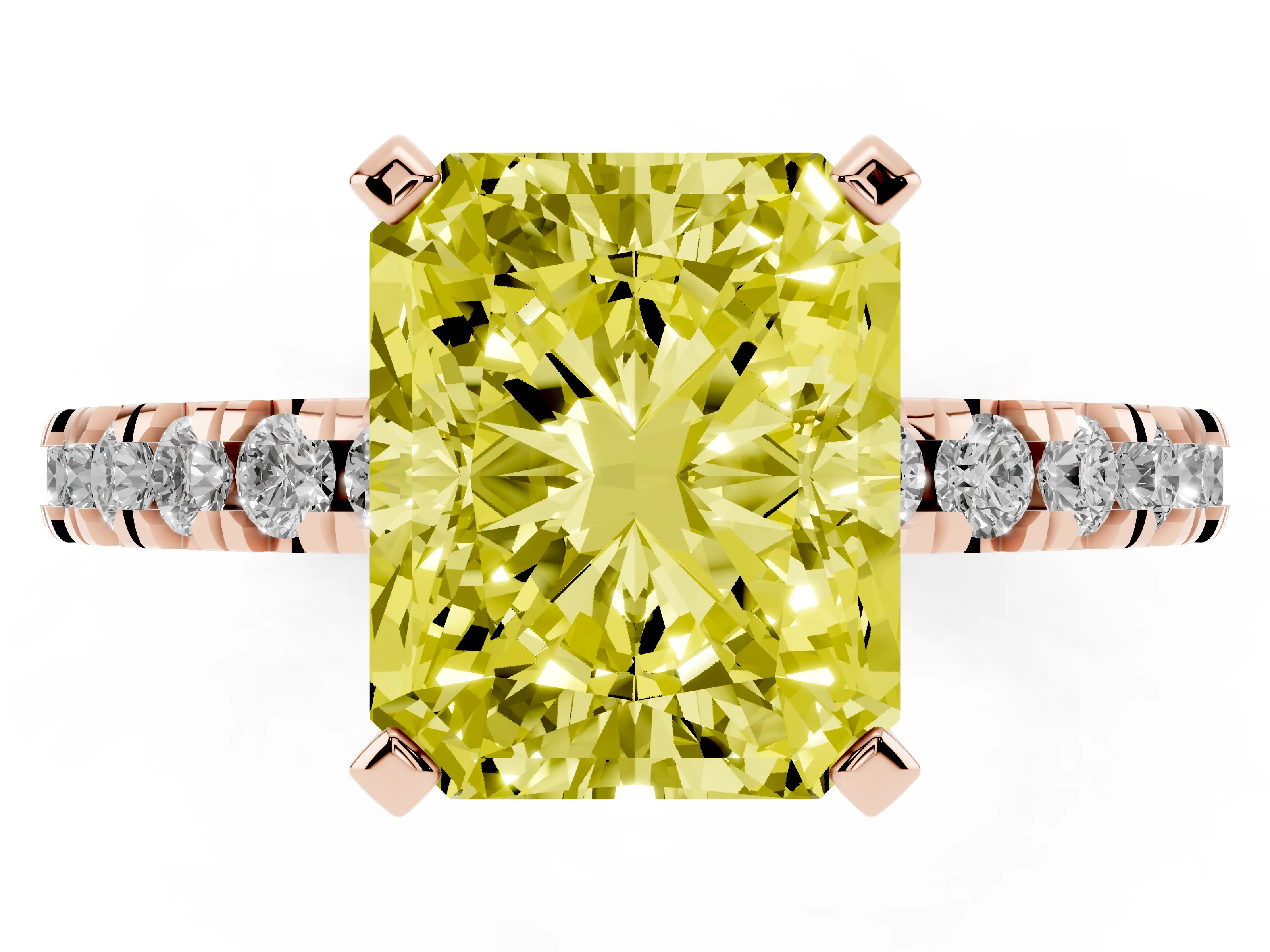 Fancy Yellow Radiant Cut Diamond Pavé Band Solitaire Set in Rose gold with Prong Setting